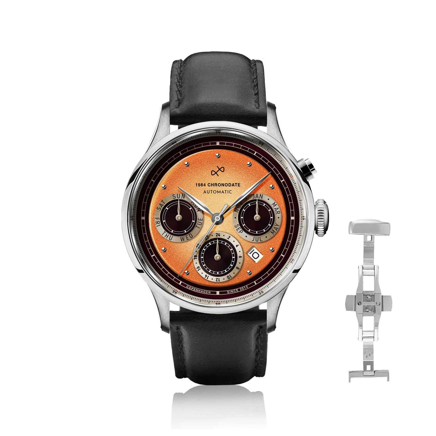 1564 Chronodate Automatic by AV86 vintage-inspired automatic watch with sapphire crystal, chronograph dial, and black leather strap