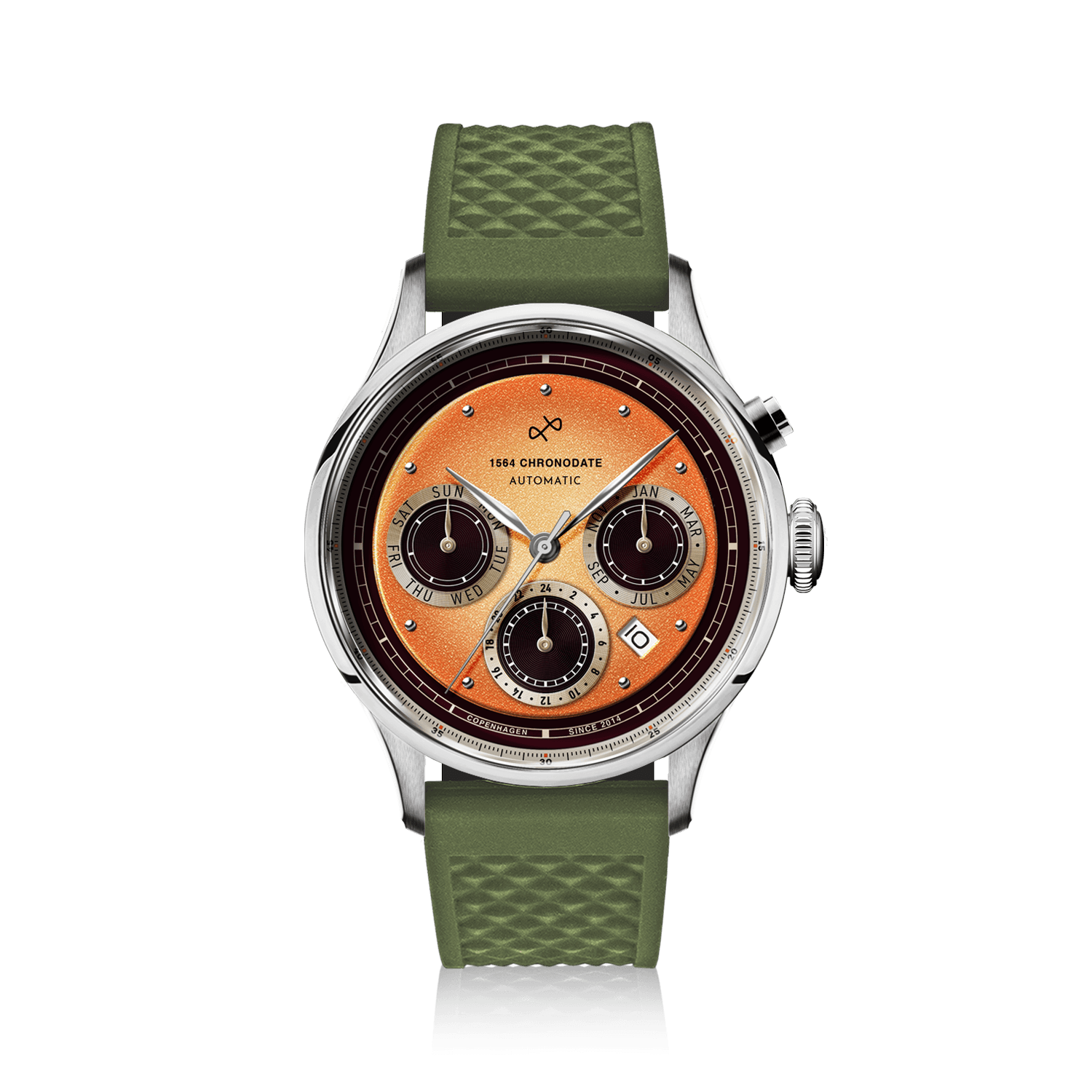 1564 Chronodate Automatic by AV86 vintage-inspired chronograph with sapphire crystal, multi-function dial, and textured rubber strap