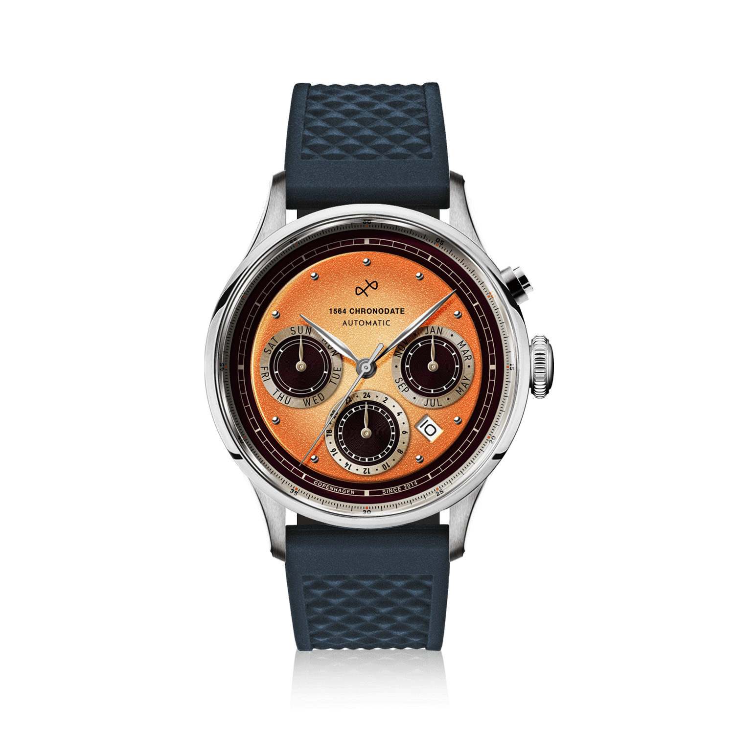1564 Chronodate Automatic by AV86 vintage-inspired chronograph with sapphire crystal, multi-function dial, and textured rubber strap