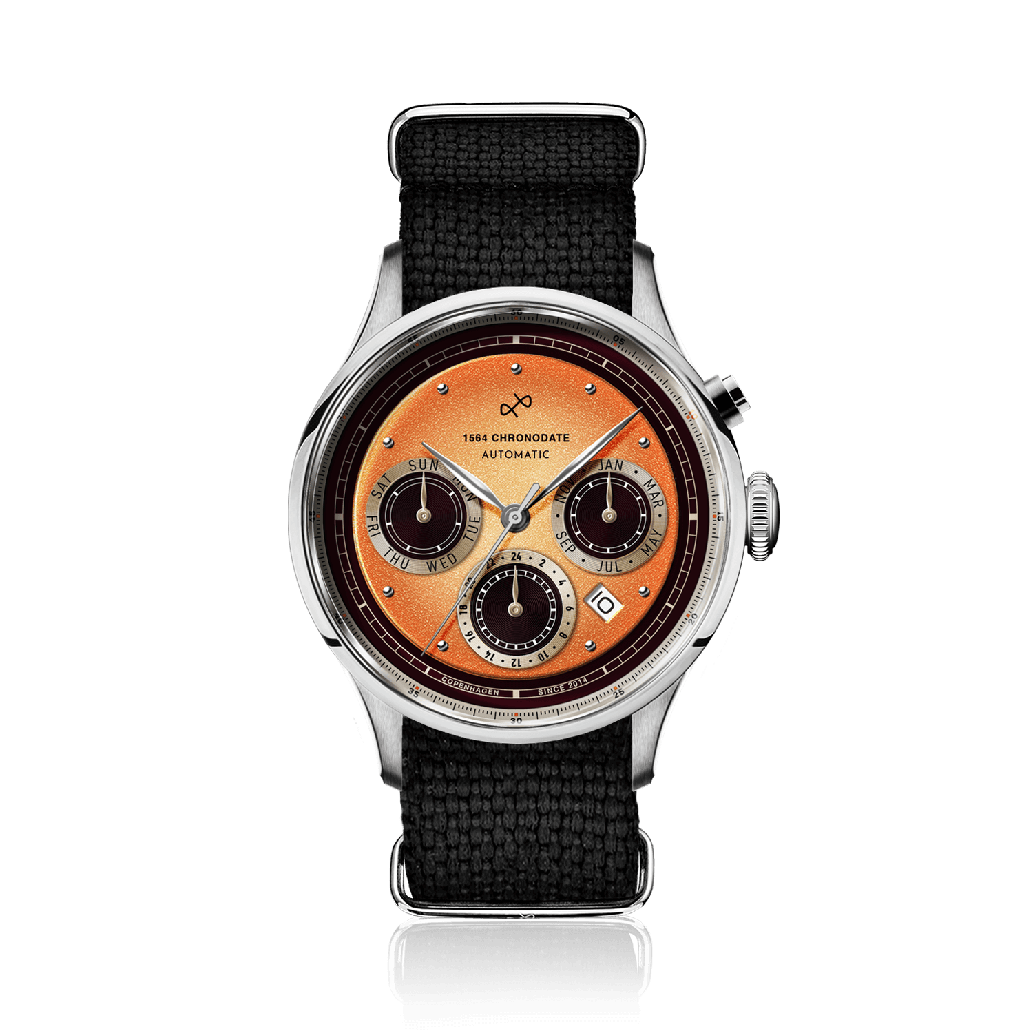 1564 Chronodate Automatic by AV86 vintage-inspired automatic chronograph with sapphire crystal and black fabric strap