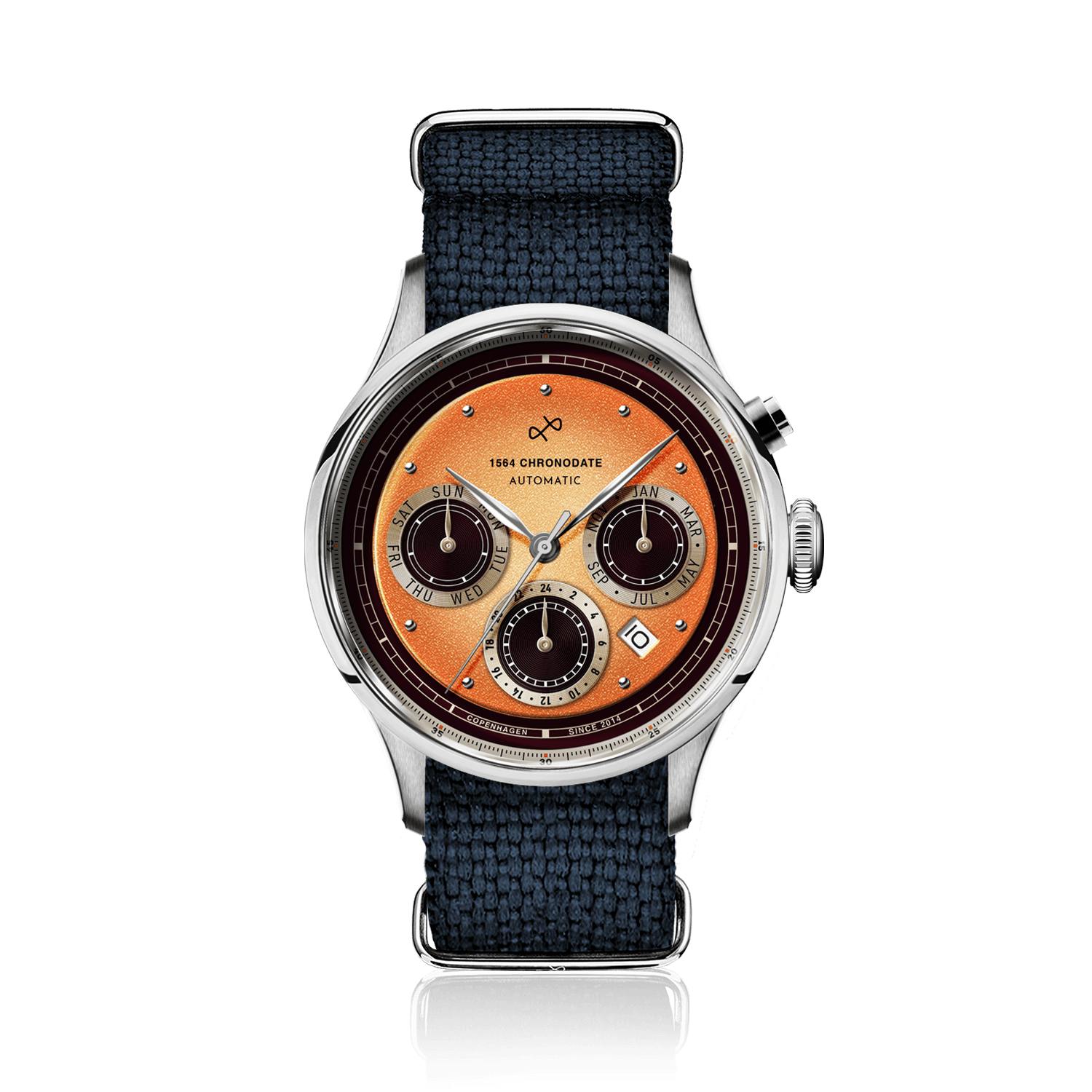 1564 Chronodate Automatic by AV86 vintage-inspired chronograph with sapphire crystal, textured fabric strap, and multi-function dial