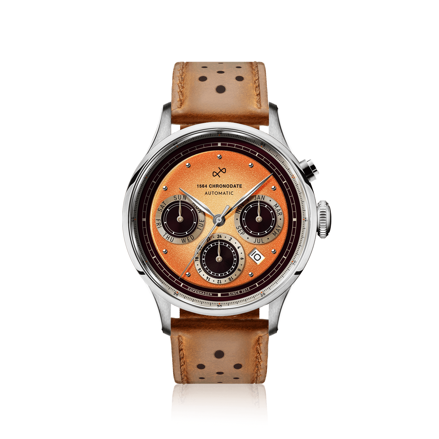 1564 Chronodate Automatic by AV86 vintage-inspired automatic chronograph with sapphire crystal and perforated leather strap