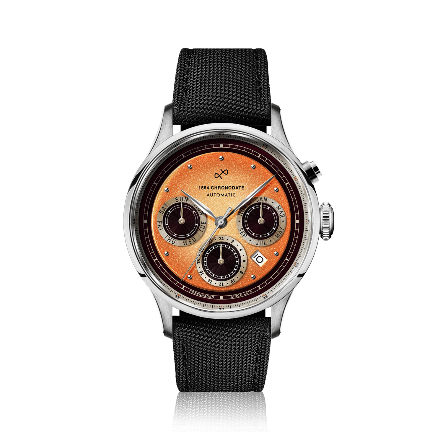 1564 Chronodate Automatic by AV86 vintage-inspired chronograph with sapphire crystal, date function, and textured black fabric strap