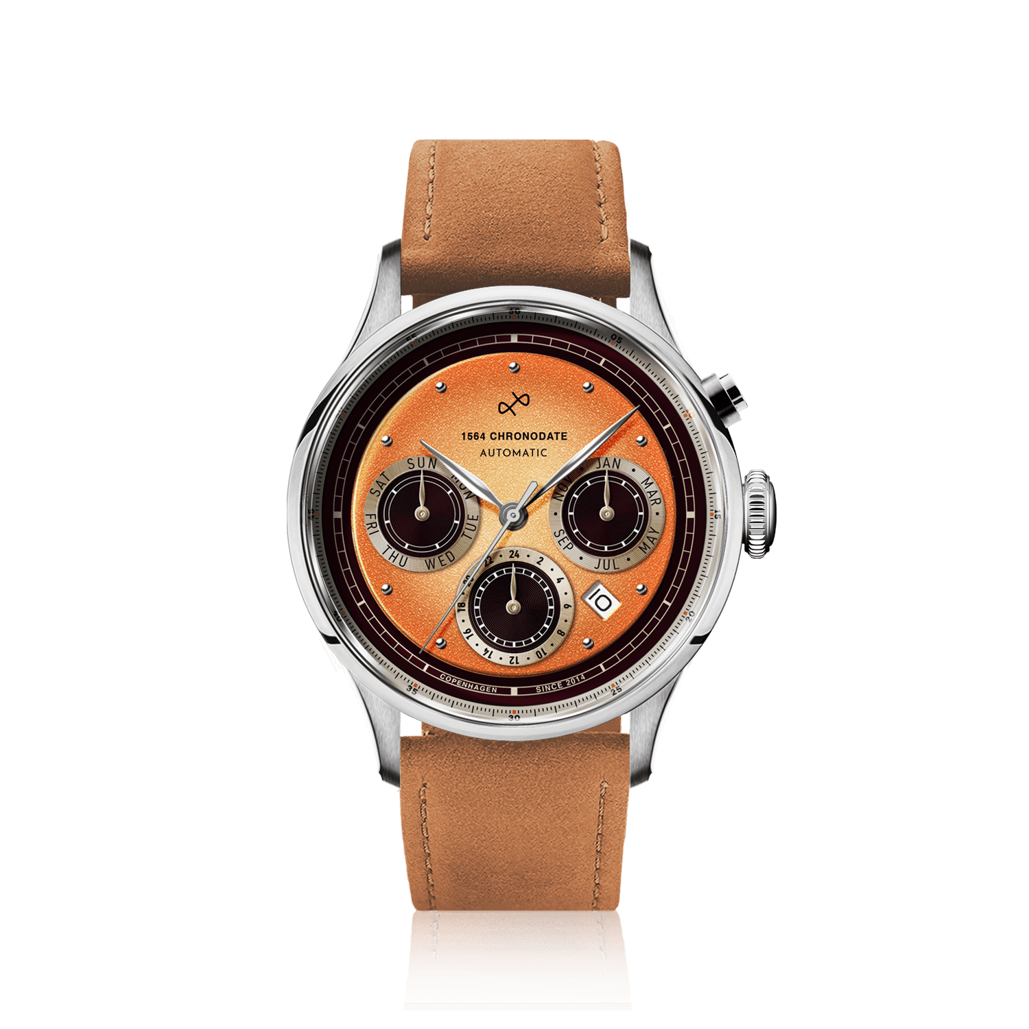 1564 Chronodate Automatic by AV86 vintage-inspired automatic chronograph with sapphire crystal, subdials, and tan leather strap