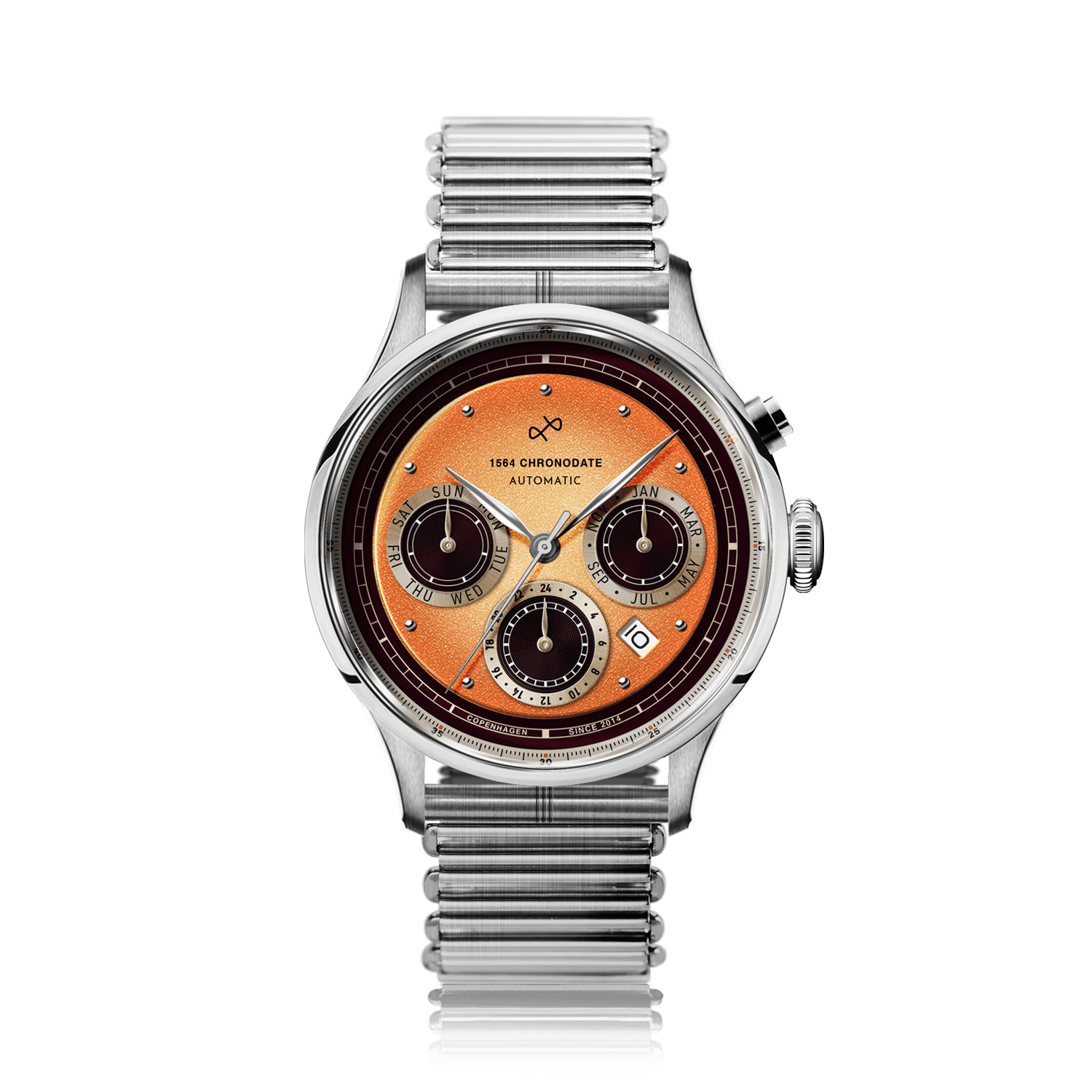 1564 Chronodate Automatic by AV86 vintage-inspired chronograph with sapphire crystal, multiple subdials, and stainless steel bracelet strap