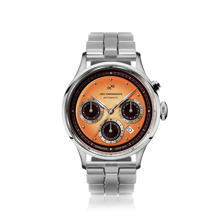 1564 Chronodate Automatic by AV86 vintage-inspired chronograph with sapphire crystal, multi-function dial, and metal bracelet strap
