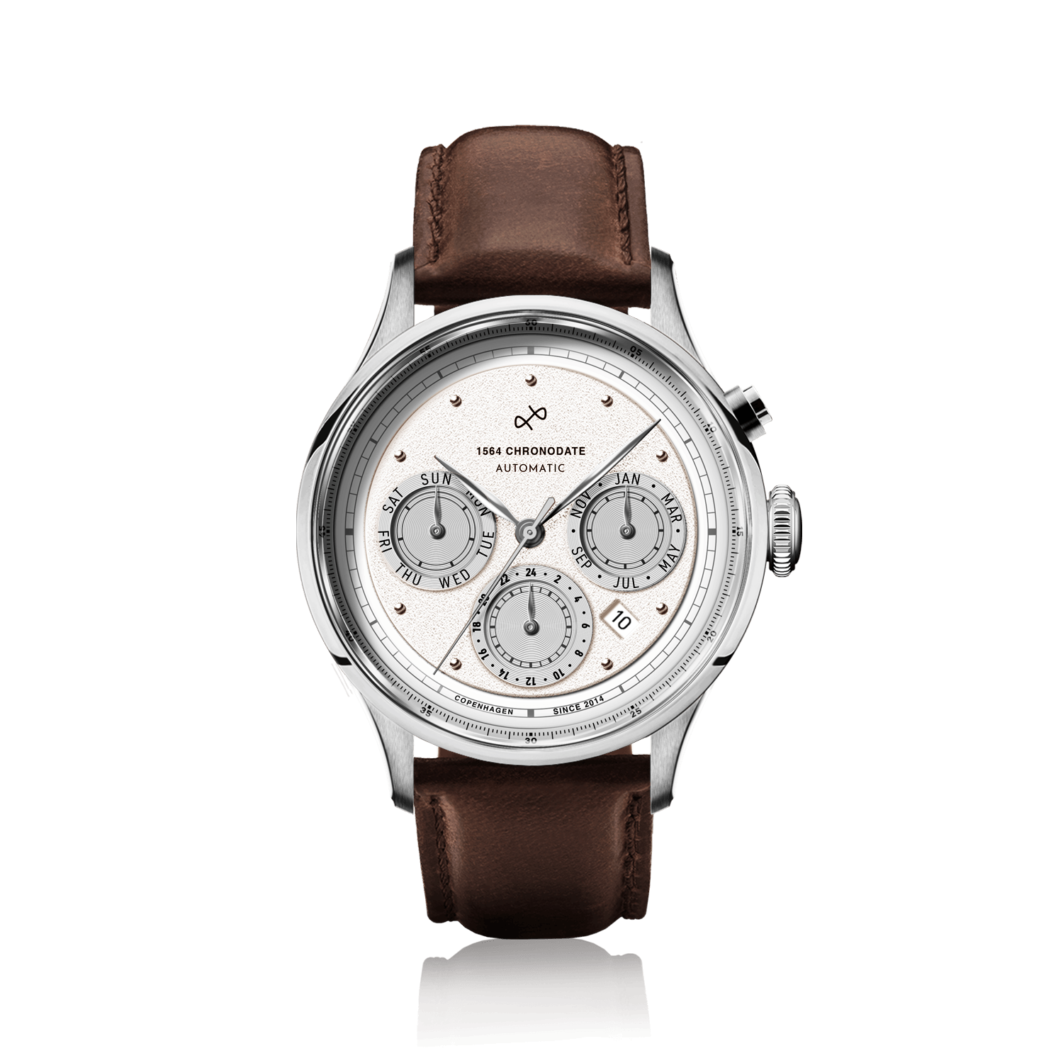 1564 Chronodate Automatic by AV86 features a vintage-inspired automatic chronograph with a textured white dial, triple subdials, sapphire crystal, polished steel case, and a rich brown leather strap, embodying refined Danish design and Nordic minimalism.