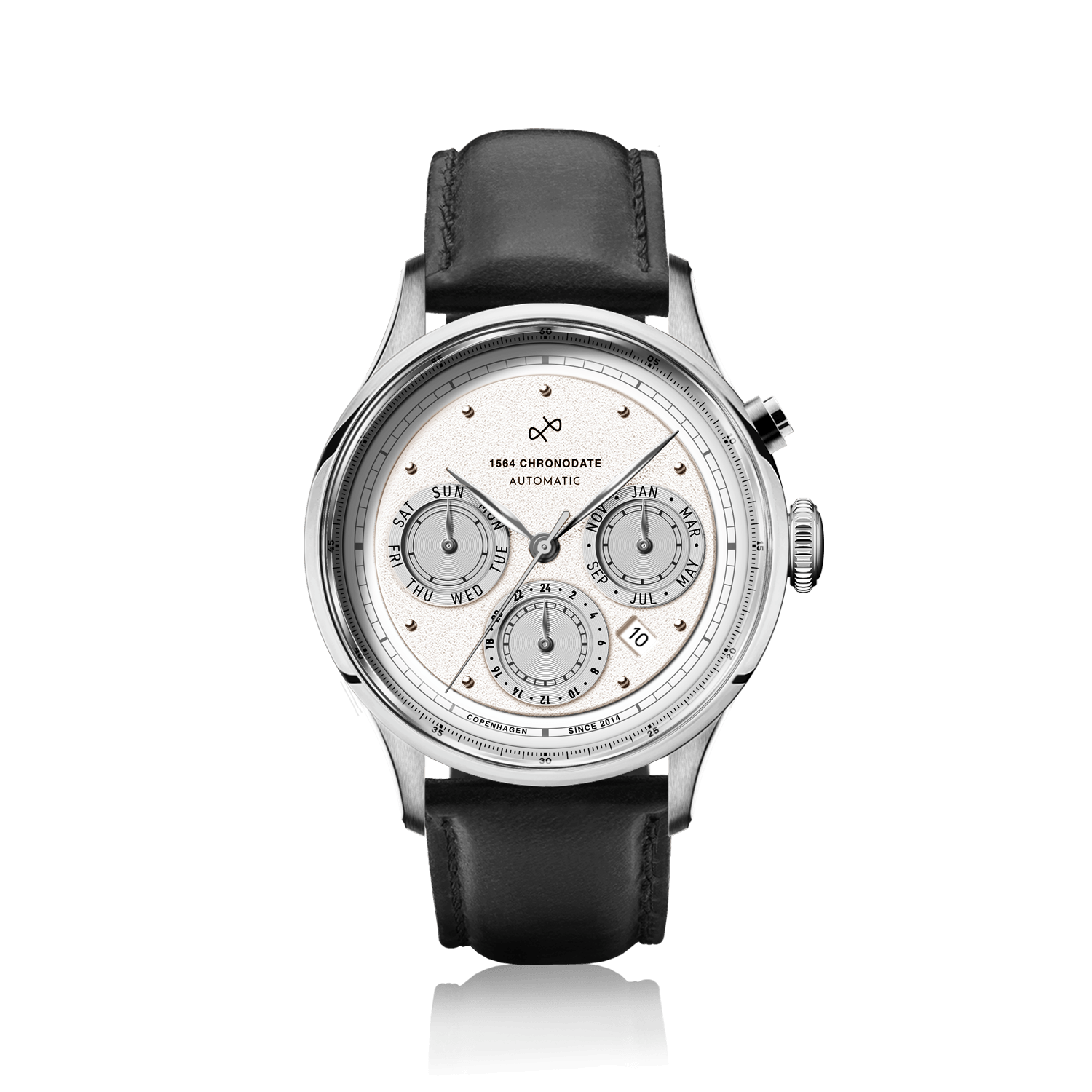 1564 Chronodate Automatic by AV86 features a vintage-inspired automatic chronograph with a textured dial, sapphire crystal, polished steel case, and smooth black leather strap, exemplifying refined Danish design and Nordic minimalism.