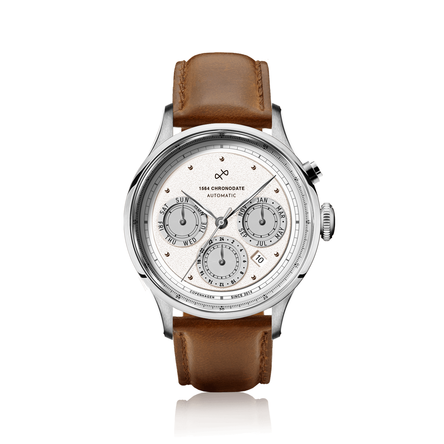 1564 Chronodate Automatic by AV86 features a vintage-inspired chronograph with a textured white dial, sapphire crystal, polished steel case, and a refined brown leather strap, exemplifying Danish design and Nordic minimalism.