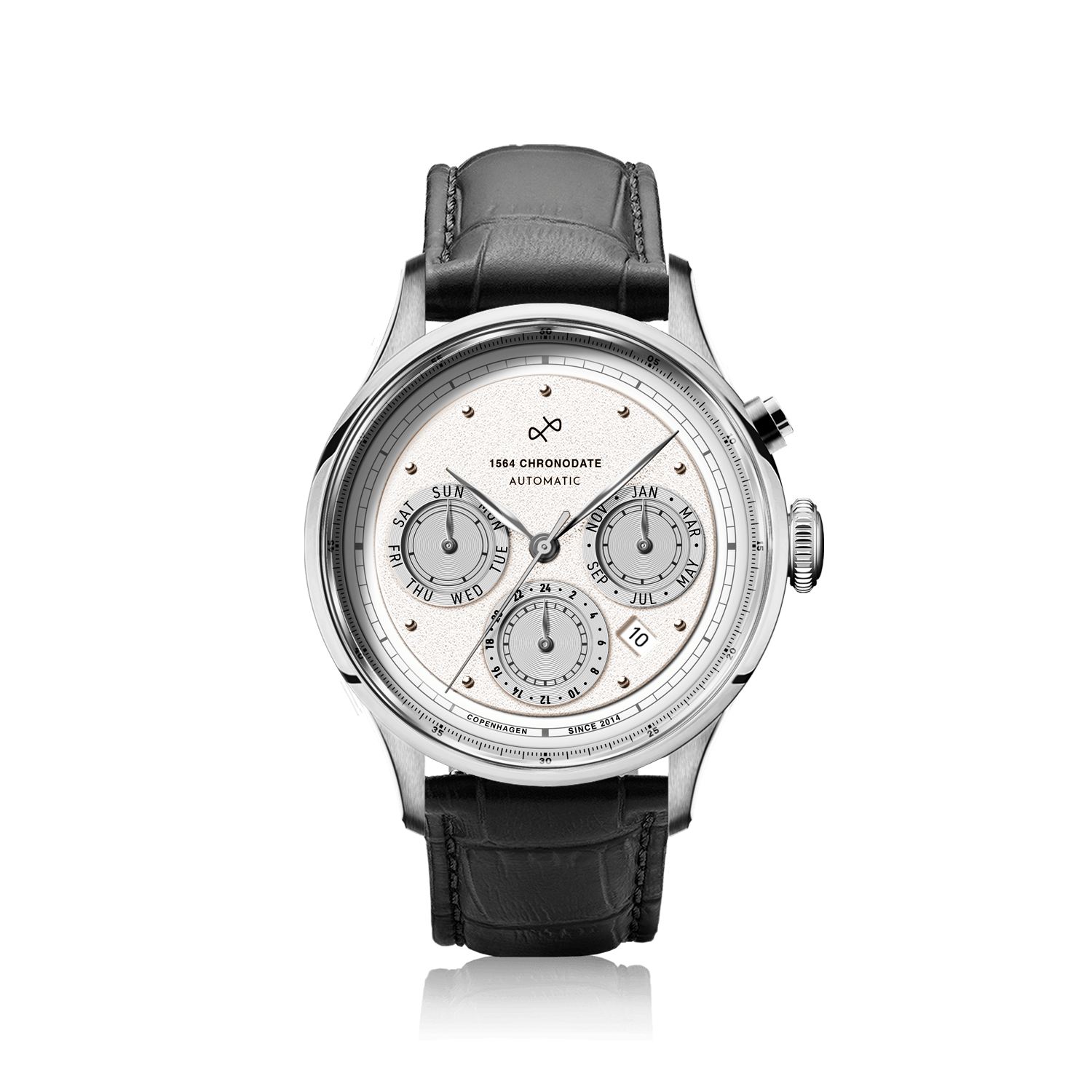 1564 Chronodate Automatic by AV86 features a vintage-inspired automatic chronograph with a textured dial, triple subdials for day, date, and 24-hour time, polished case, sapphire crystal, and a black leather strap, embodying Danish design and Nordic minimalism with horological excellence.
