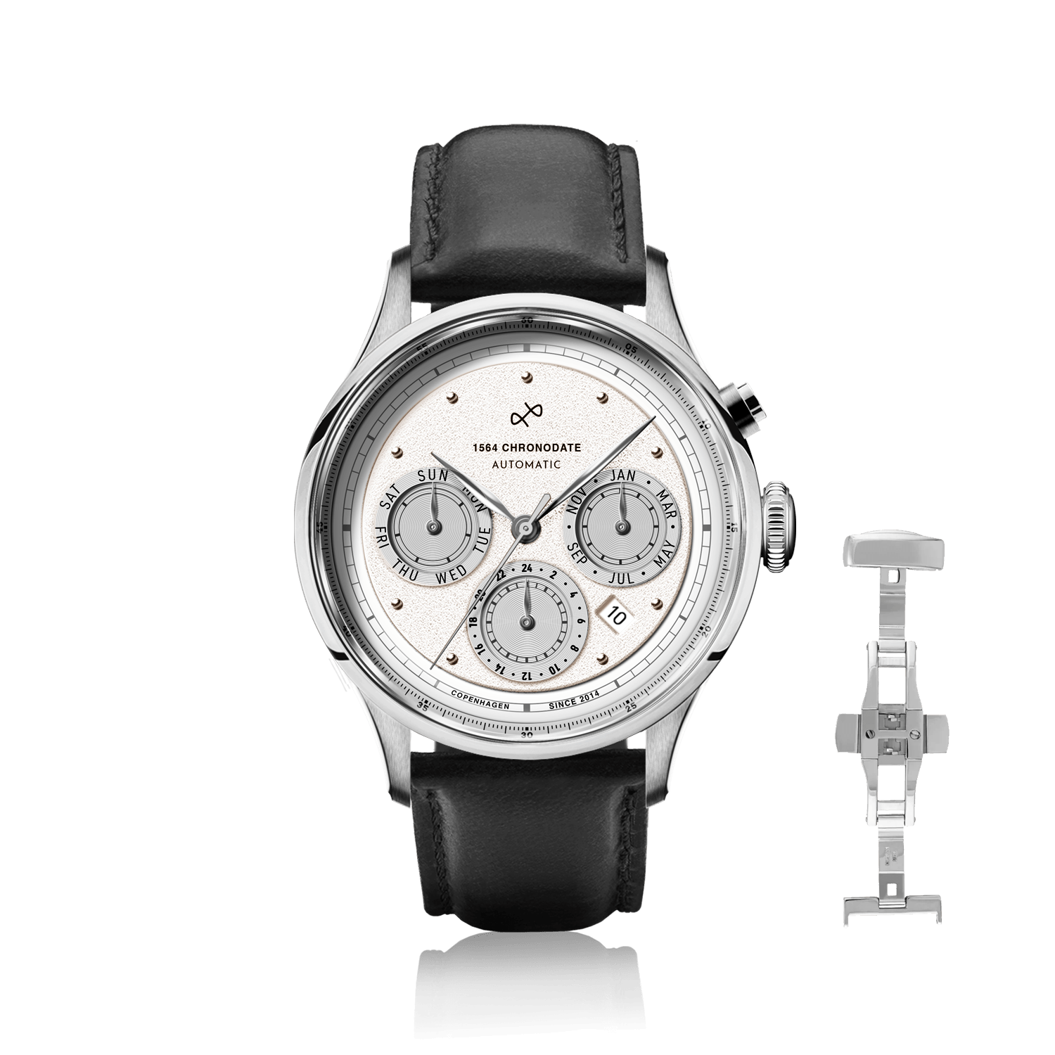 1564 Chronodate Automatic by AV86 features a vintage-inspired automatic chronograph with a textured dial, triple subdials for day, month, and 24-hour time, sapphire crystal, polished steel case, and a smooth black leather strap, exemplifying Danish horological excellence and Nordic minimalism.