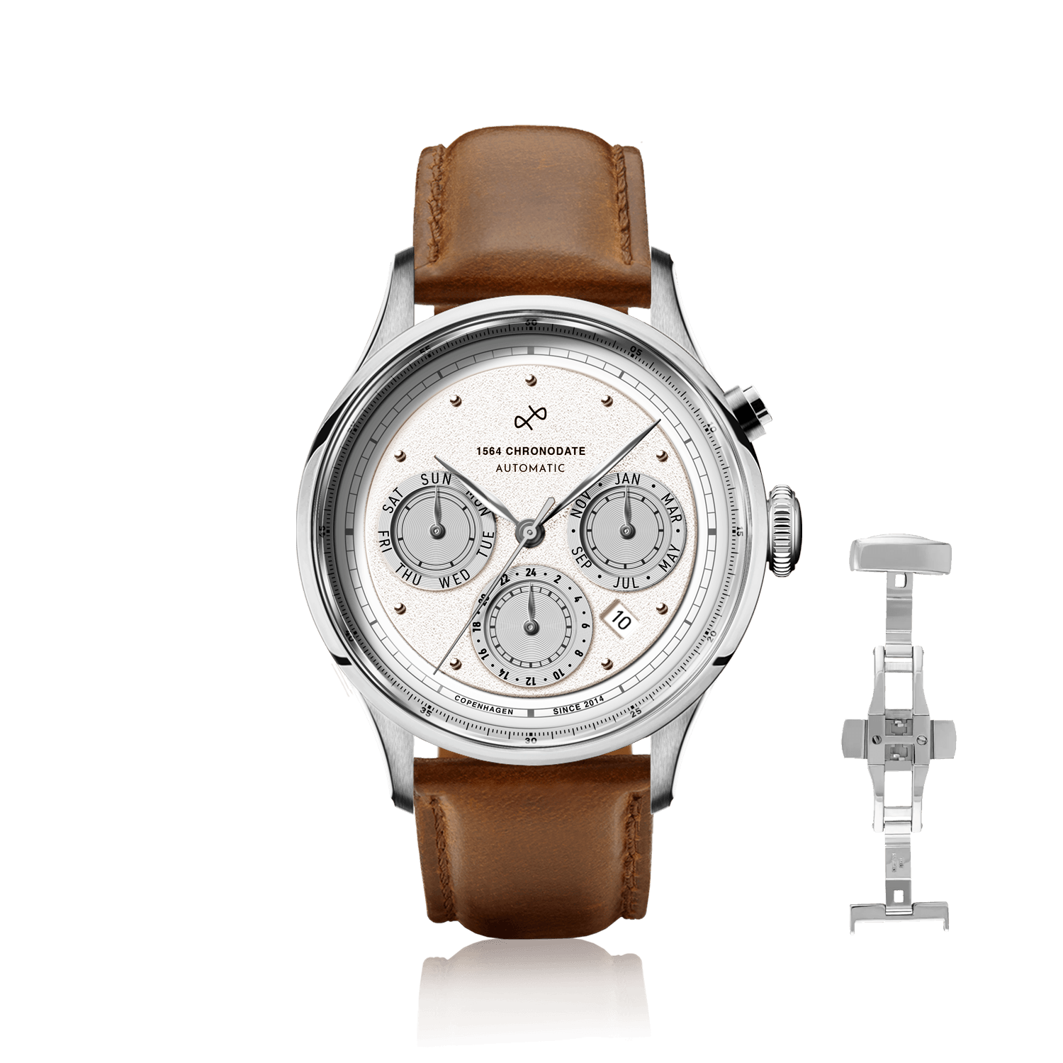1564 Chronodate Automatic by AV86 features a vintage-inspired automatic chronograph with a textured dial, sapphire crystal, polished steel case, triple subdials for day, month, and 24-hour time, and a refined brown leather strap, exemplifying Danish design and Nordic minimalism with horological precision.