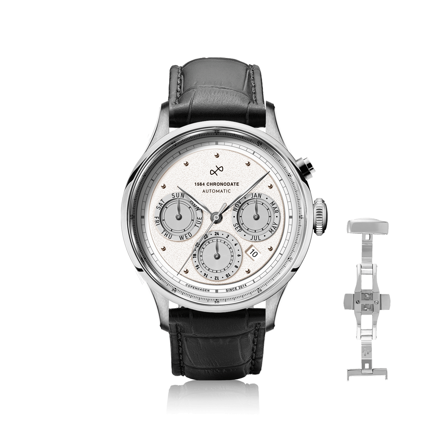1564 Chronodate Automatic, Steel / White by AV86 features a vintage-inspired automatic chronograph with a textured white dial, triple subdials displaying day, date, and month, polished stainless steel case, sapphire crystal, and a black croc-embossed leather strap, exemplifying Danish design and Nordic minimalism.