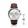 1564 Chronodate Automatic by AV86 presents a vintage-inspired automatic chronograph with a textured white dial, sapphire crystal, polished steel case, triple subdials for day, date, and month, and a dark brown leather strap with a butterfly clasp, embodying Danish design and Nordic minimalism.