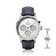 1564 Chronodate Automatic by AV86 features a vintage-inspired automatic chronograph with a textured white dial, sapphire crystal, polished steel case, triple subdials for day, date, and month, paired with a dark blue leather strap and butterfly clasp, reflecting refined Danish design and Nordic minimalism.