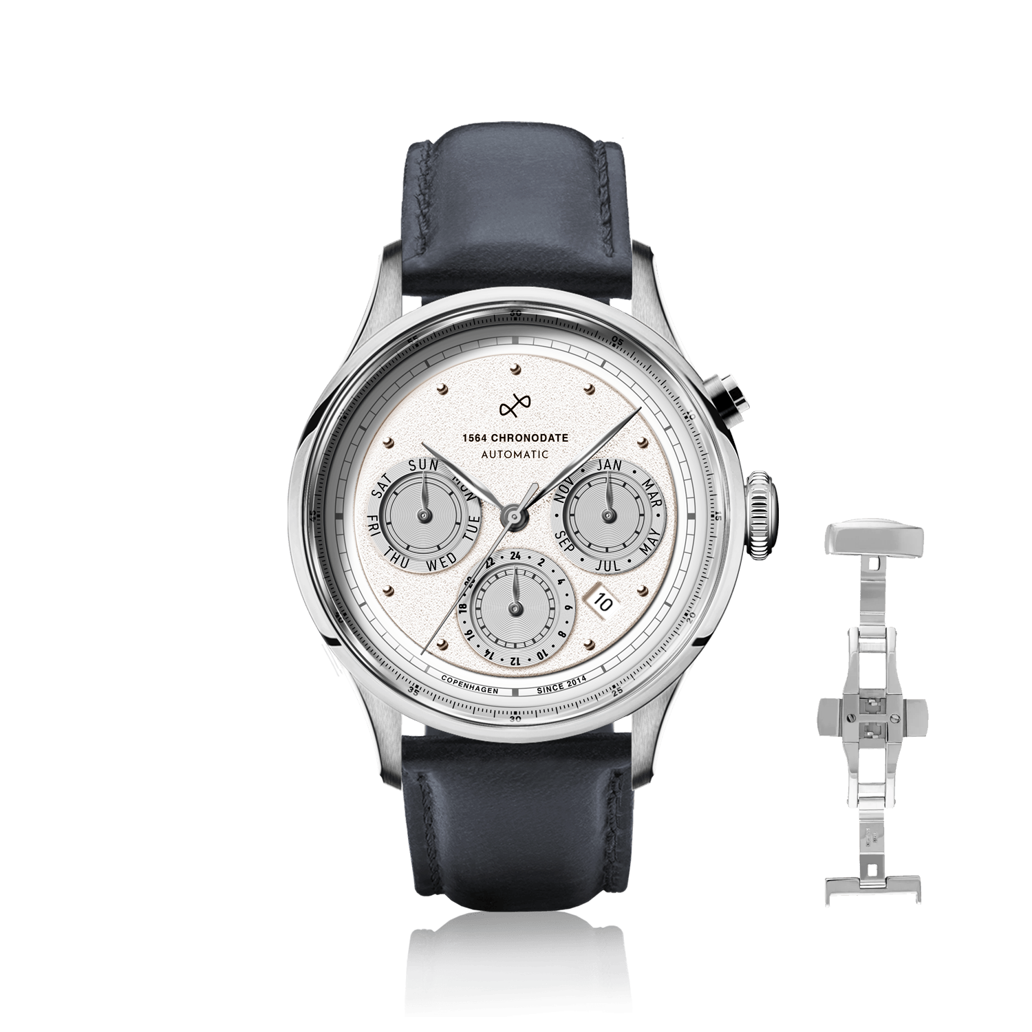 1564 Chronodate Automatic by AV86 features a vintage-inspired automatic chronograph with a textured white dial, sapphire crystal, polished steel case, triple subdials for day, date, and month, paired with a dark blue leather strap and butterfly clasp, reflecting refined Danish design and Nordic minimalism.