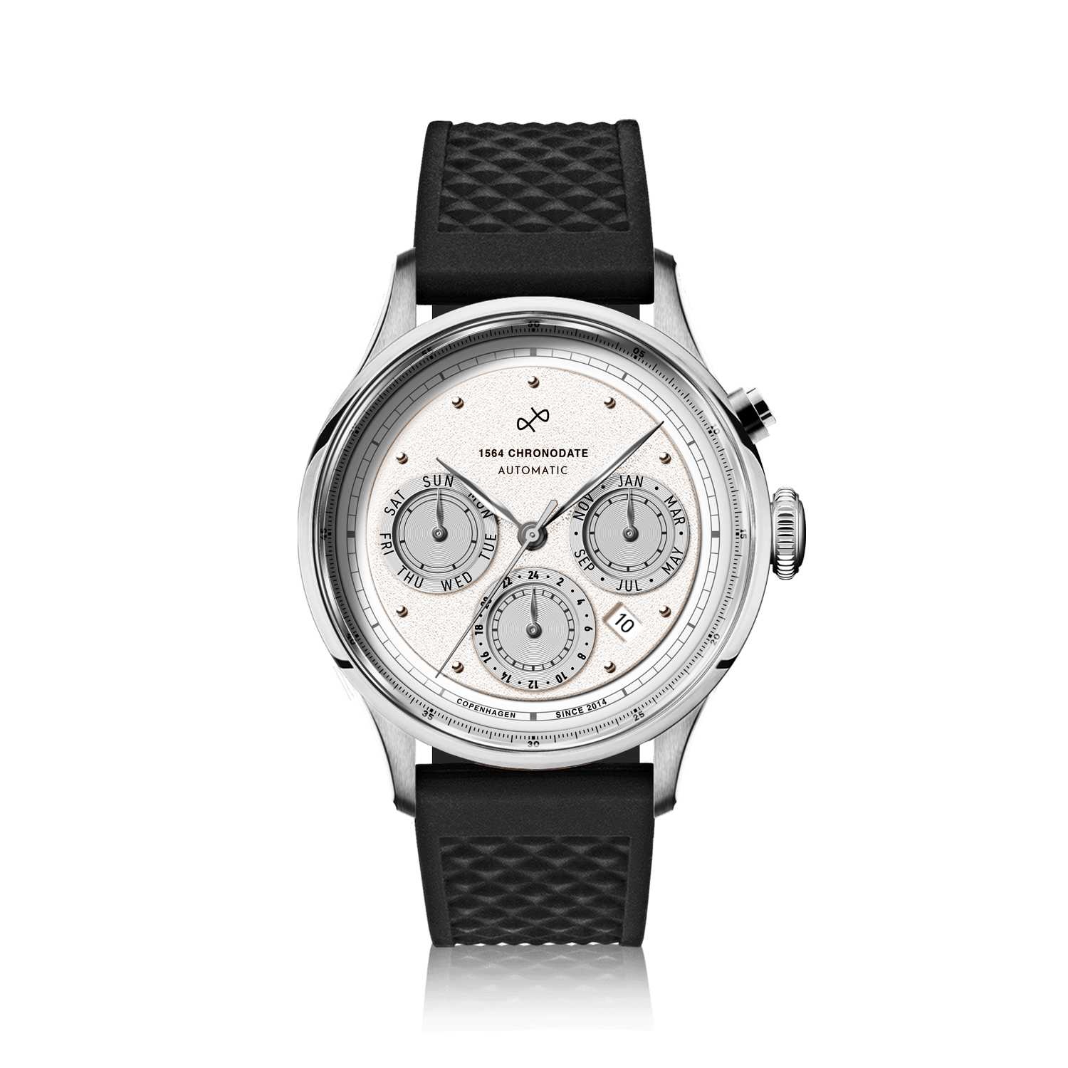 1564 Chronodate Automatic by AV86 features a sophisticated automatic chronograph with a textured dial, sapphire crystal, polished steel case, triple subdials for day, 24-hour time, and month, paired with a black silicone strap, reflecting refined Danish design and Nordic minimalism.