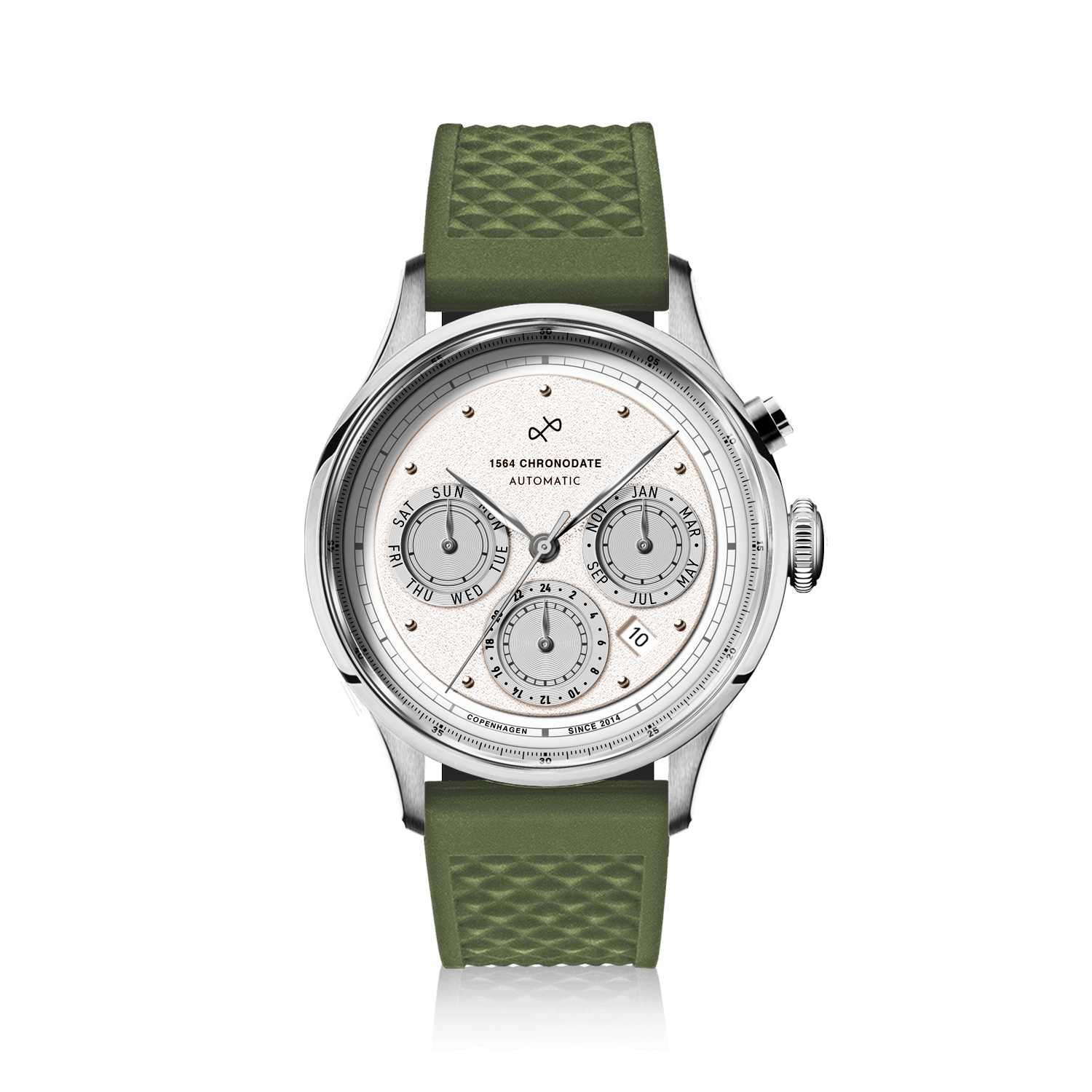 1564 Chronodate Automatic by AV86 features a vintage-inspired automatic chronograph with a textured white dial, sapphire crystal, triple subdials for day, date, and month, polished steel case, and a green patterned rubber strap, reflecting Danish horological excellence and Nordic minimalism.