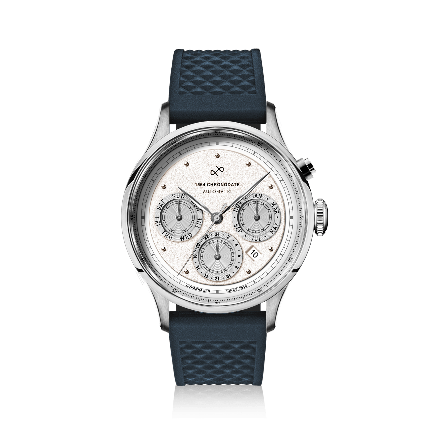 1564 Chronodate Automatic by AV86 features a vintage-inspired automatic chronograph with a textured white dial, sapphire crystal, polished steel case, triple subdials for day, month, and 24-hour time, paired with a durable blue silicone strap, embodying Danish horological excellence and Nordic minimalism.