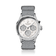 1564 Chronodate Automatic by AV86 showcases a vintage-inspired automatic chronograph with a textured white dial, sapphire crystal, polished steel case, triple subdials indicating day, month, and 24-hour time, paired with a woven grey NATO strap, embodying refined Danish design and Nordic minimalism.