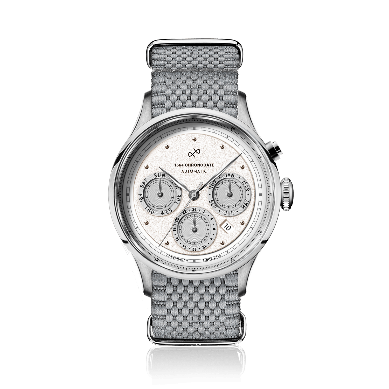 1564 Chronodate Automatic by AV86 showcases a vintage-inspired automatic chronograph with a textured white dial, sapphire crystal, polished steel case, triple subdials indicating day, month, and 24-hour time, paired with a woven grey NATO strap, embodying refined Danish design and Nordic minimalism.