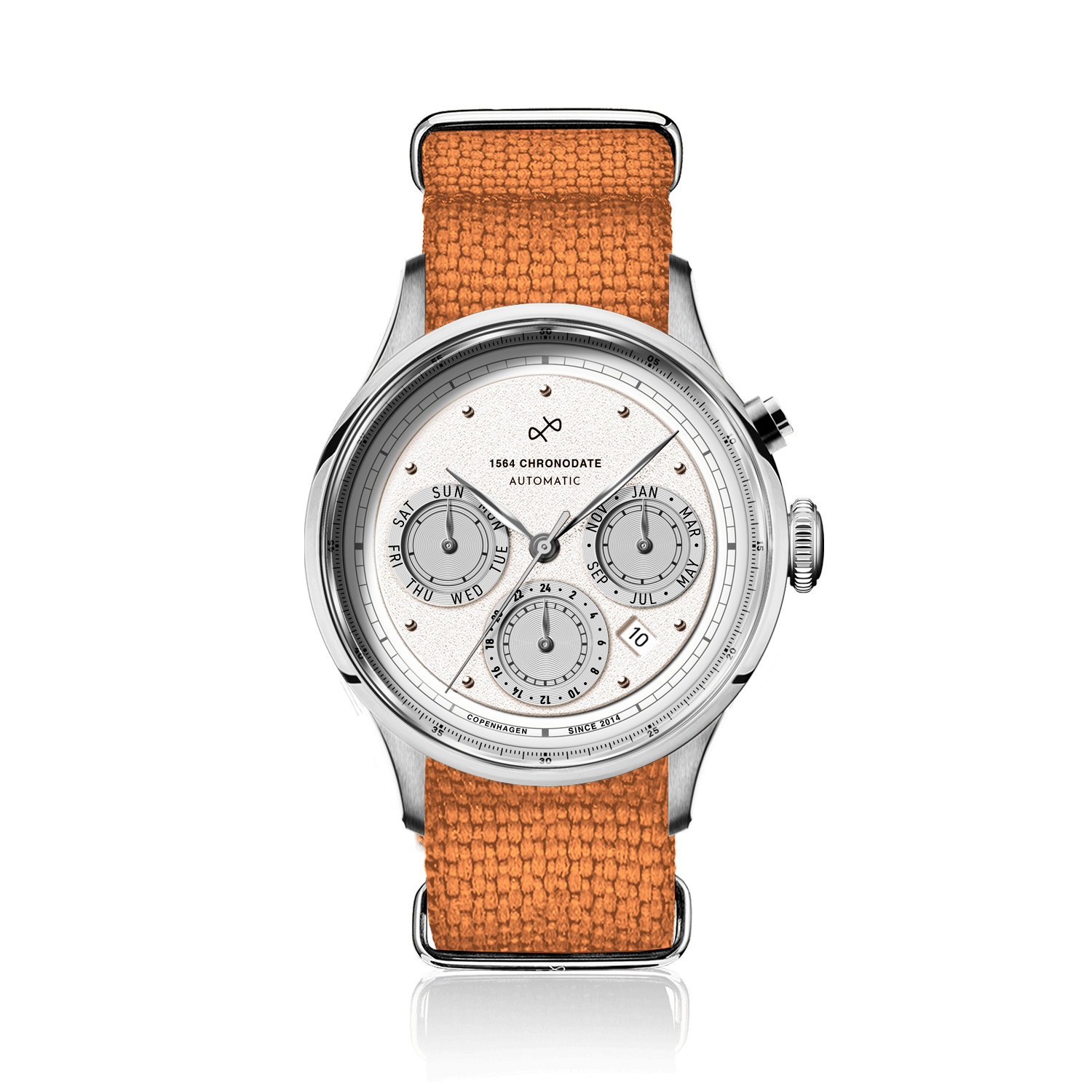 1564 Chronodate Automatic by AV86 features a vintage-inspired automatic chronograph with a textured dial, sapphire crystal, polished case, triple subdials for day, month, and 24-hour time, paired with an orange NATO fabric strap, exemplifying Danish design and Nordic minimalism.