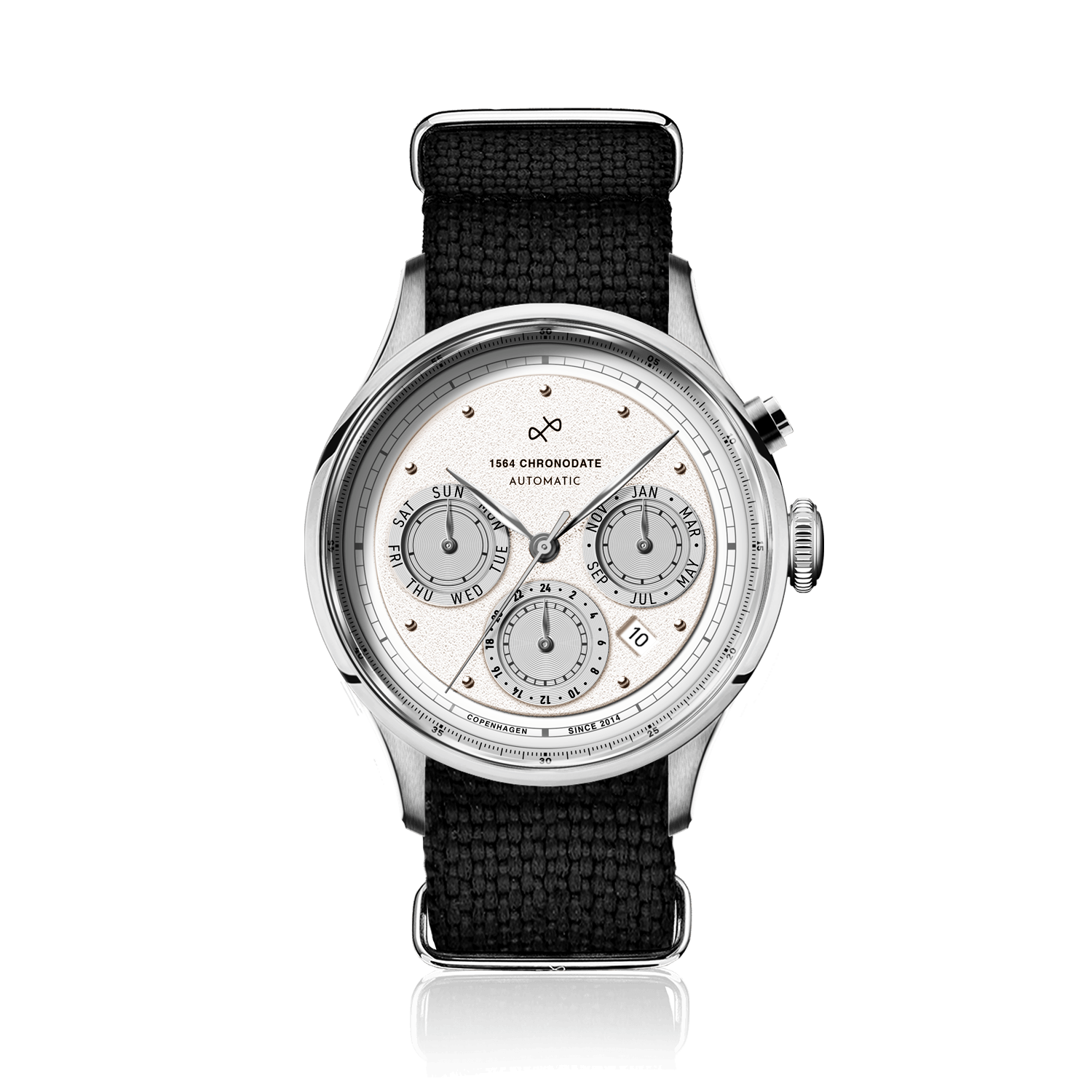 1564 Chronodate Automatic by AV86 showcases a vintage-inspired automatic chronograph with a finely textured dial, sapphire crystal, polished case, triple subdials for day, month, and 24-hour time, paired with a black woven fabric strap, exemplifying Danish horological excellence and refined Nordic minimalism.