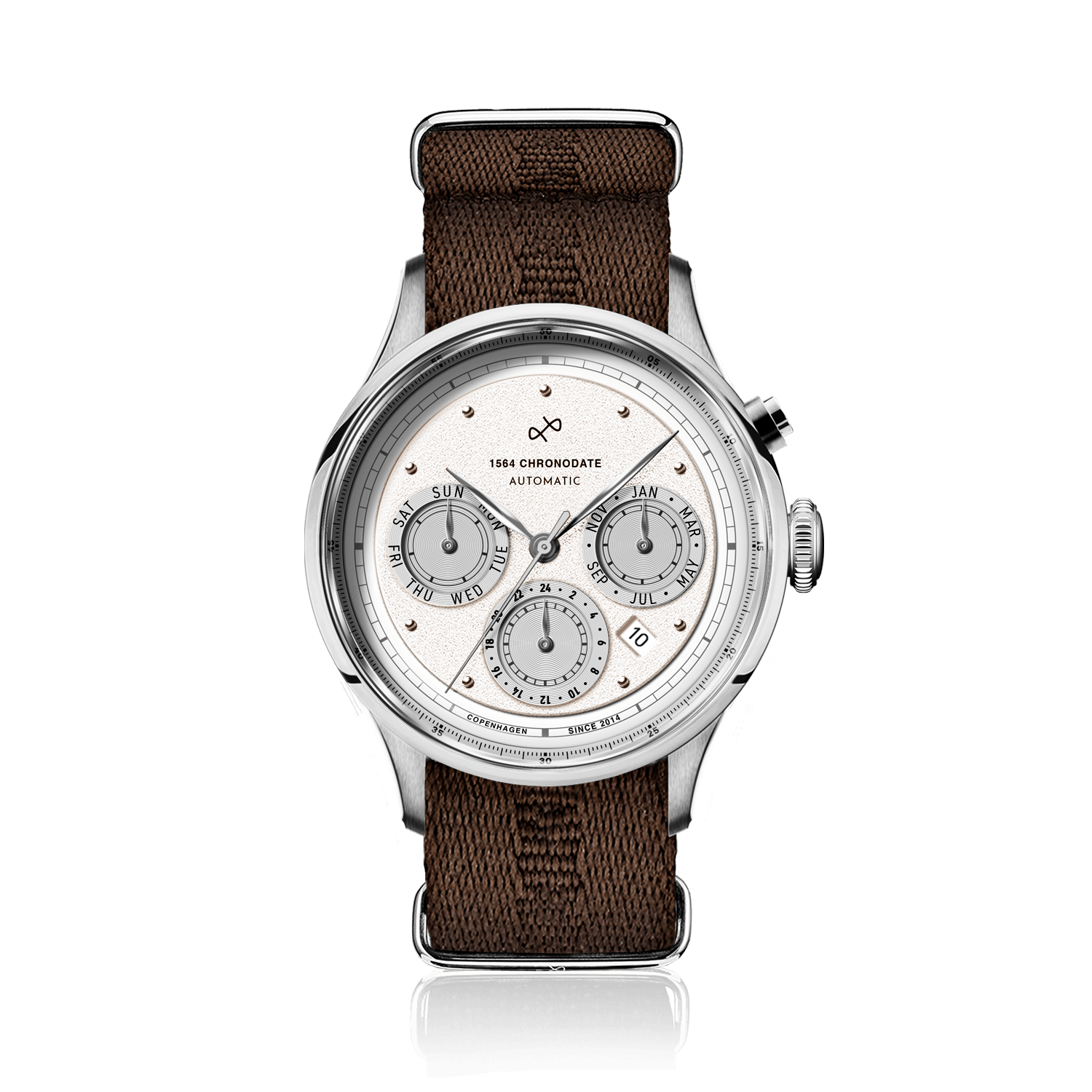 1564 Chronodate Automatic by AV86 showcases a vintage-inspired automatic chronograph with a textured dial, sapphire crystal, polished case, triple subdials for day, month, and 24-hour time, paired with a durable brown woven strap, reflecting refined Danish horological craftsmanship and Nordic minimalism.