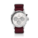 1564 Chronodate Automatic by AV86 features a vintage-inspired automatic chronograph with a textured dial, sapphire crystal, polished steel case, triple subdials displaying day, 24-hour time, and month, complemented by a burgundy woven fabric strap, embodying refined Danish design and Nordic minimalism.