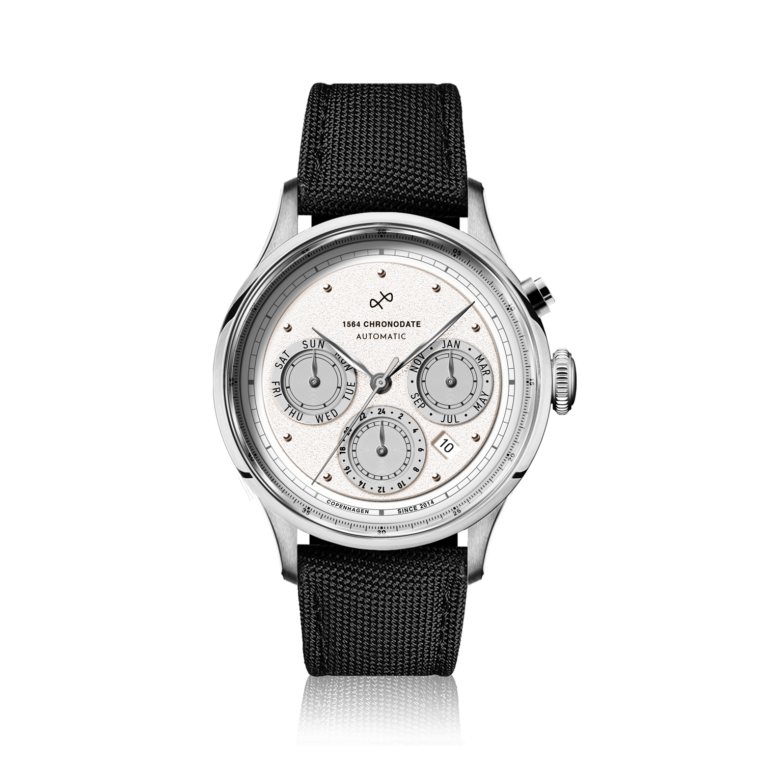 1564 Chronodate Automatic by AV86 presents a vintage automatic chronograph with a finely textured dial, polished steel case, sapphire crystal, and triple subdials for day, month, and 24-hour time, paired with a durable black Cordura fabric strap, embodying Scandinavian horological precision and understated Nordic minimalism.
