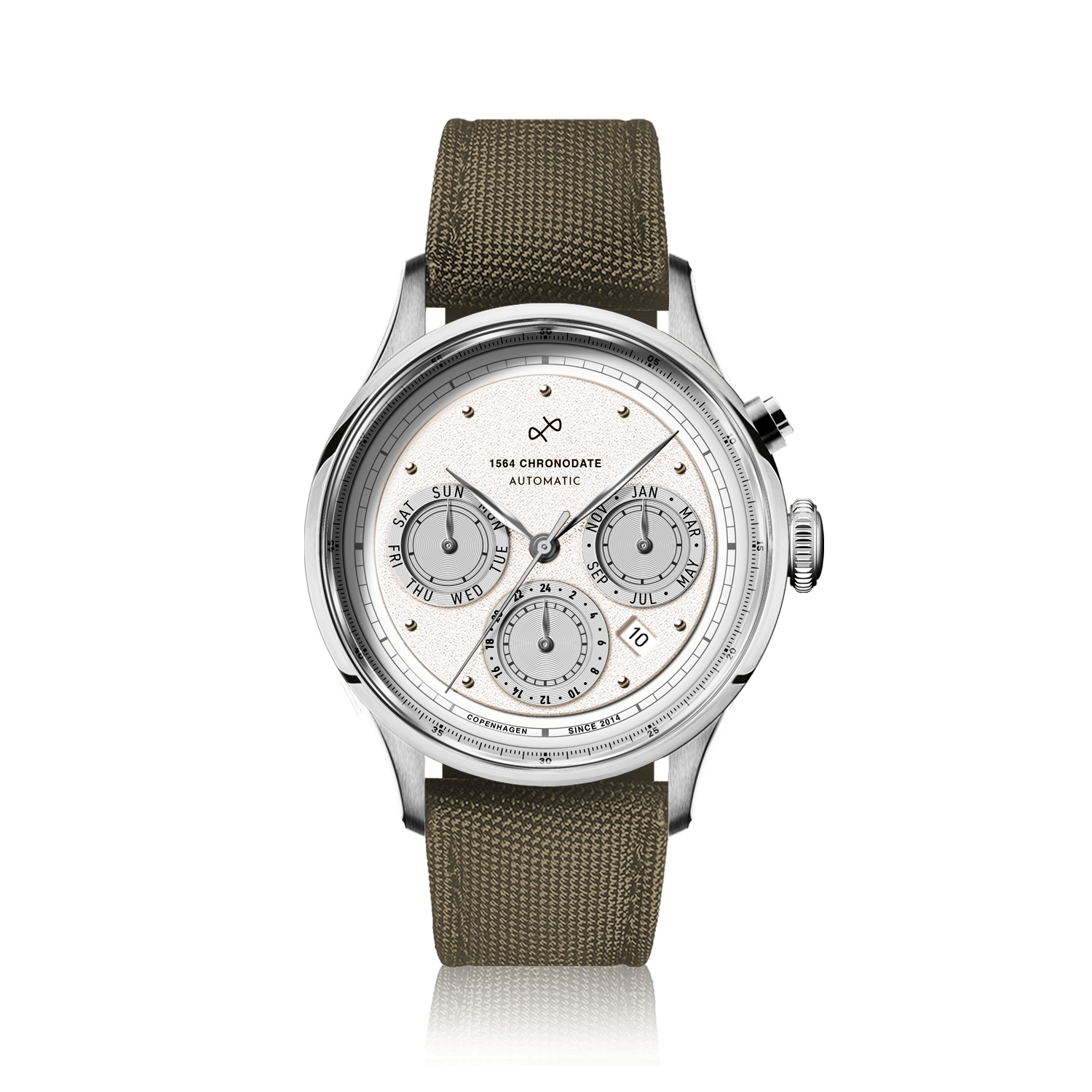 1564 Chronodate Automatic by AV86 features a vintage-inspired automatic chronograph with a finely textured white dial, polished steel case, sapphire crystal, and three subdials displaying day, month, and 24-hour time, paired with a durable olive green Cordura fabric strap, exemplifying Danish horological precision and Nordic minimalism.