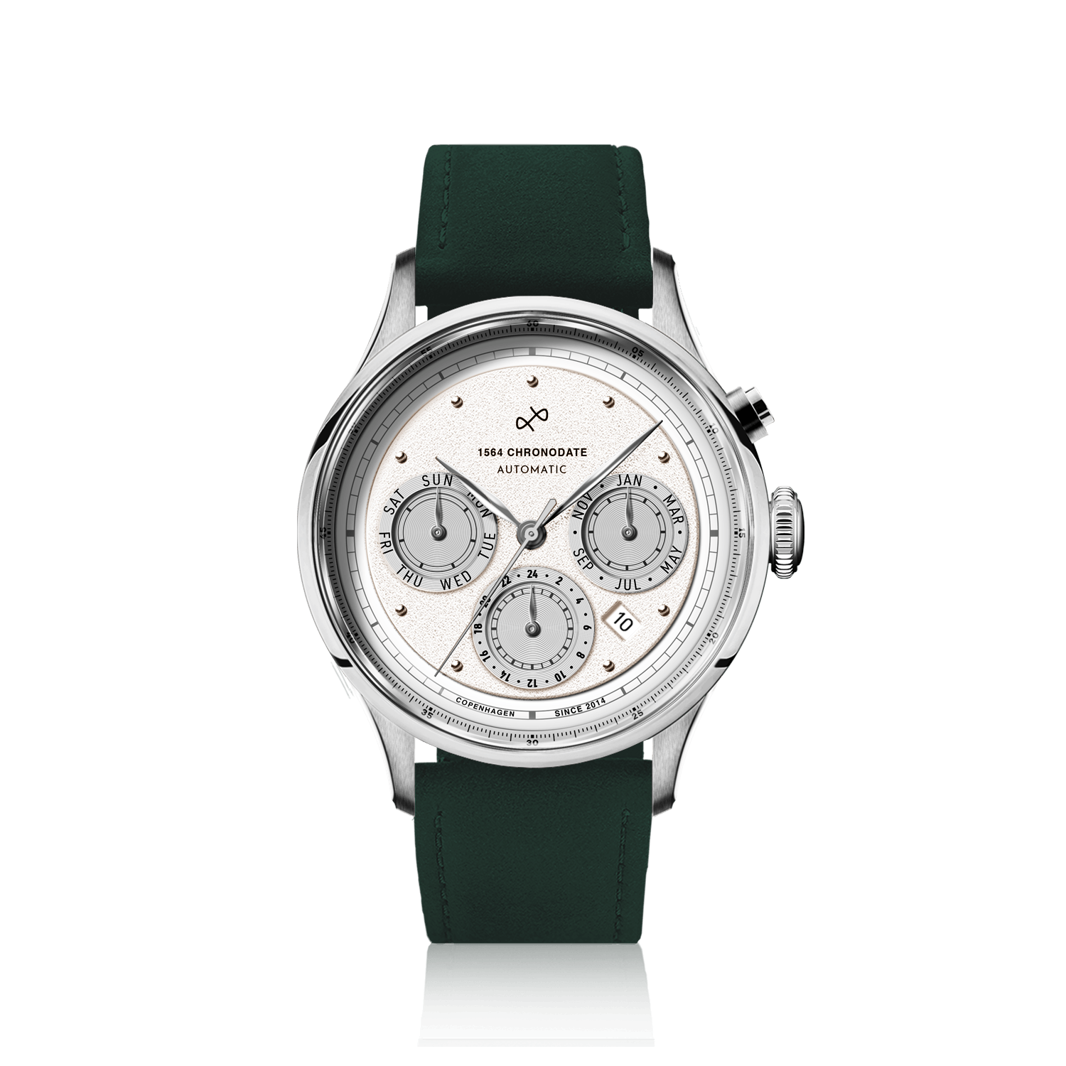 1564 Chronodate Automatic by AV86 features a vintage-inspired automatic chronograph with a finely textured dial, sapphire crystal, polished steel case, triple subdials for day, month, and 24-hour time, paired with a dark green leather strap, reflecting refined Danish horological craftsmanship and minimalist Nordic design.