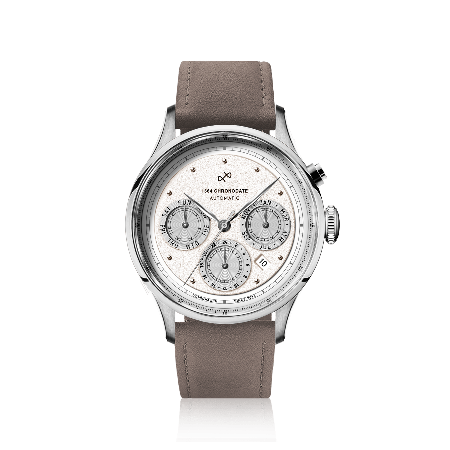 1564 Chronodate Automatic by AV86 features a vintage-inspired automatic chronograph with a textured dial, sapphire crystal, polished steel case, triple subdials for day, month, and 24-hour time, paired with a soft grey suede leather strap, embodying refined Danish horological craftsmanship and minimalist Nordic design.