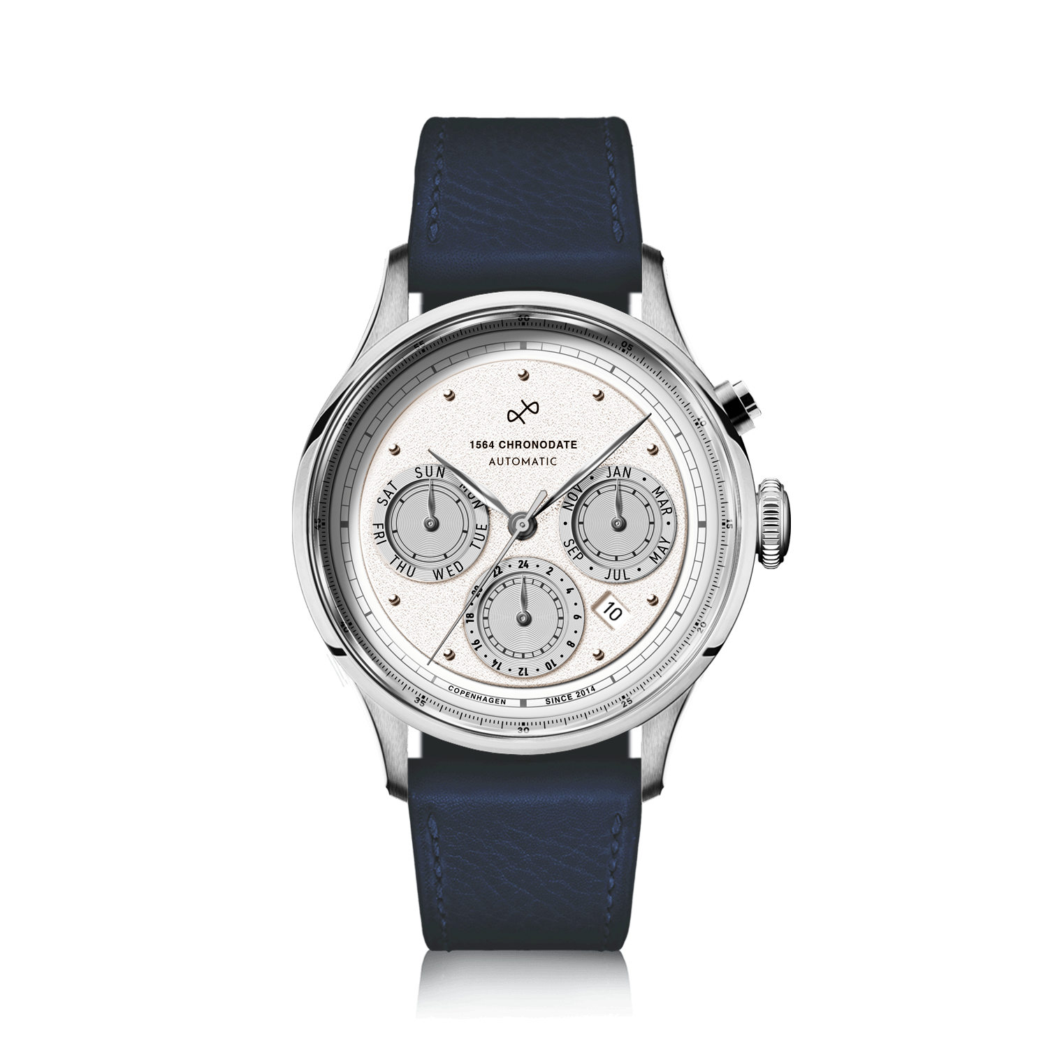 1564 Chronodate Automatic by AV86 showcases a vintage-inspired automatic chronograph with a finely textured white dial, sapphire crystal, polished steel case, and three subdials displaying day, month, and 24-hour time, paired with a navy vintage leather strap, epitomizing Danish horological precision and minimalist Scandinavian design.