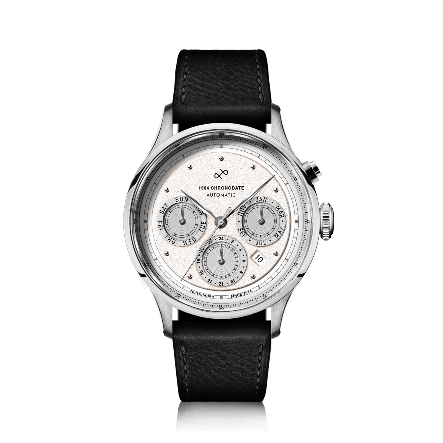 1564 Chronodate Automatic by AV86 showcases a vintage-inspired automatic chronograph with a finely textured dial, sapphire crystal, polished steel case, and triple subdials for day, month, and 24-hour time, paired with a black leather strap, exemplifying Danish horological sophistication and refined Nordic minimalism.