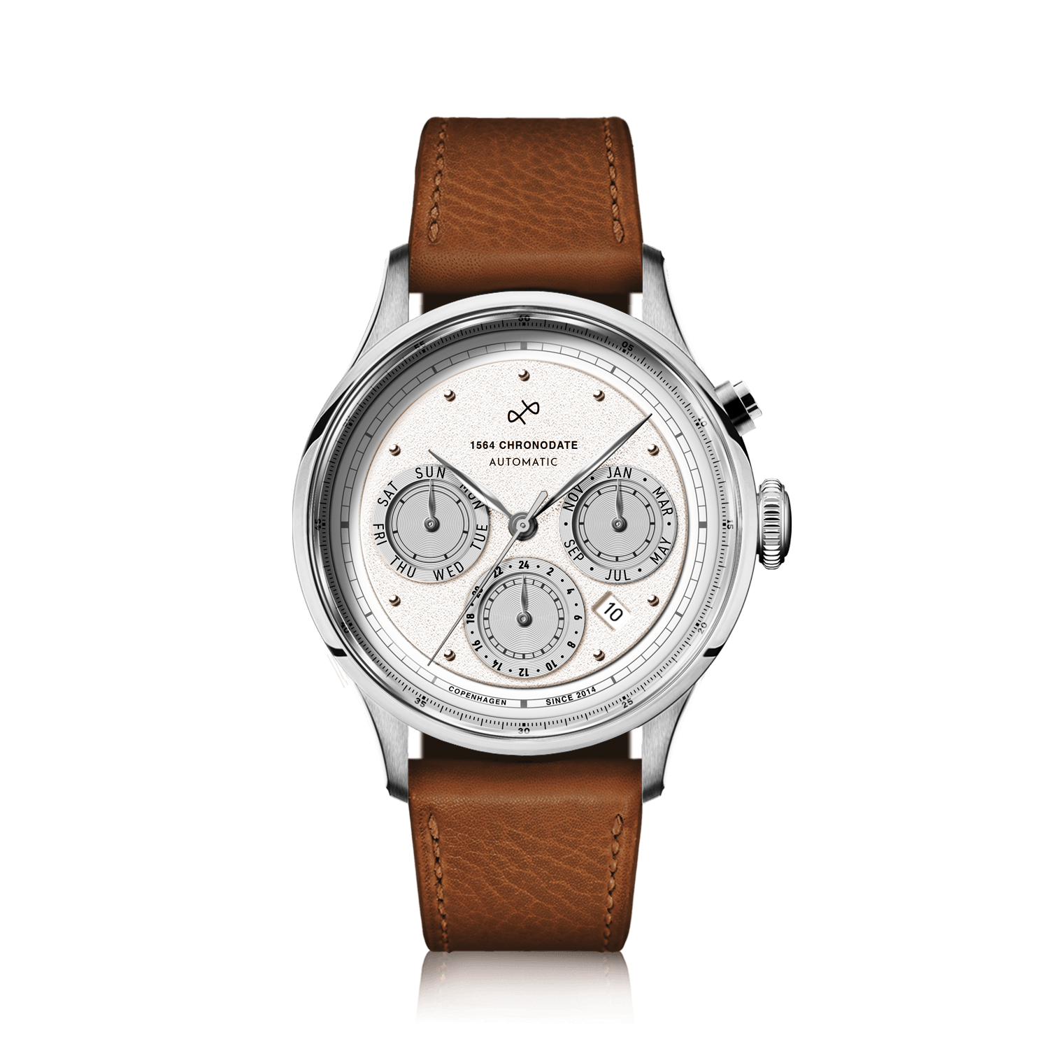 1564 Chronodate Automatic by AV86 presents a vintage-inspired automatic chronograph with a textured white dial, polished steel case, sapphire crystal, and three subdials displaying day, month, and 24-hour time, paired with a supple brown leather strap, embodying Danish horological excellence and minimalist Nordic design.