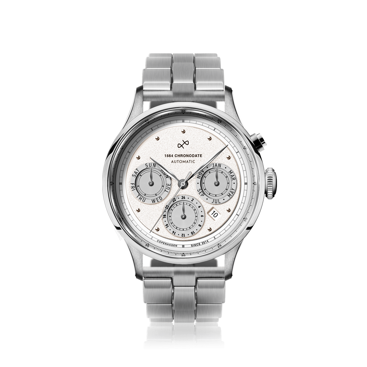 1564 Chronodate Automatic by AV86 features a vintage-inspired automatic chronograph with a textured dial, sapphire crystal, polished steel case, and triple subdials for day, month, and 24-hour time, paired with a brushed steel bracelet, exemplifying Danish horological precision and minimalist Scandinavian design.