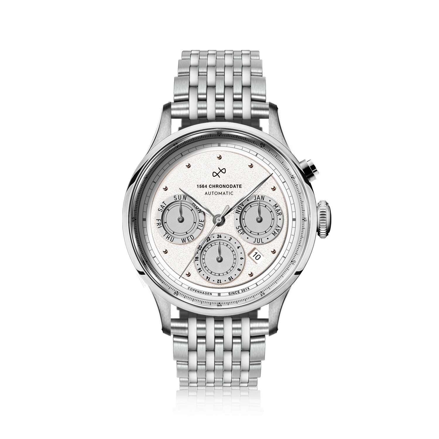 1564 Chronodate Automatic by AV86 features a vintage-inspired automatic chronograph with a finely textured white dial, sapphire crystal, polished steel case, triple subdials for day, month, and 24-hour time, paired with a multi-link stainless steel bracelet, exemplifying Danish horological precision and minimalist Nordic design.