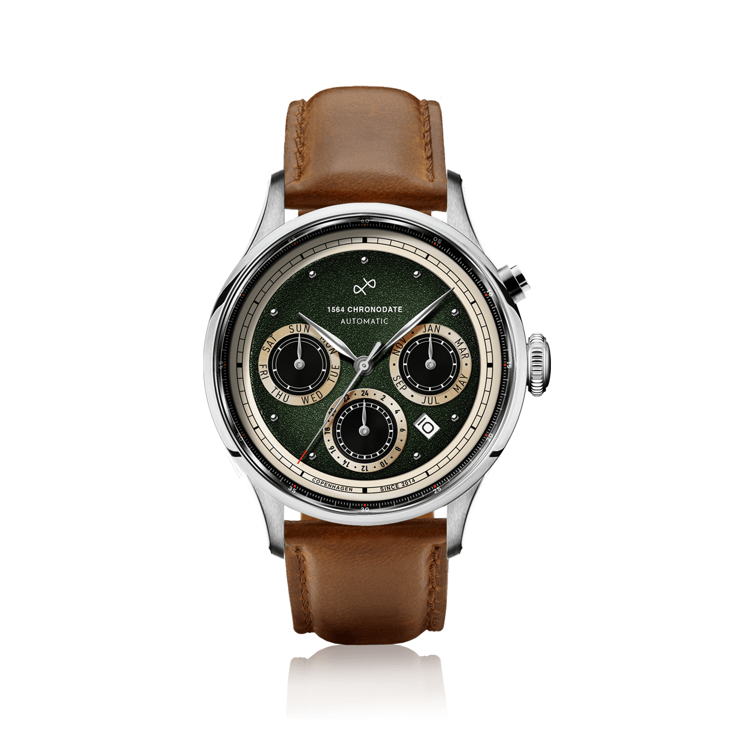 1564 Chronodate Automatic by AV86 vintage-inspired automatic watch with green dial, sapphire crystal, and brown leather strap