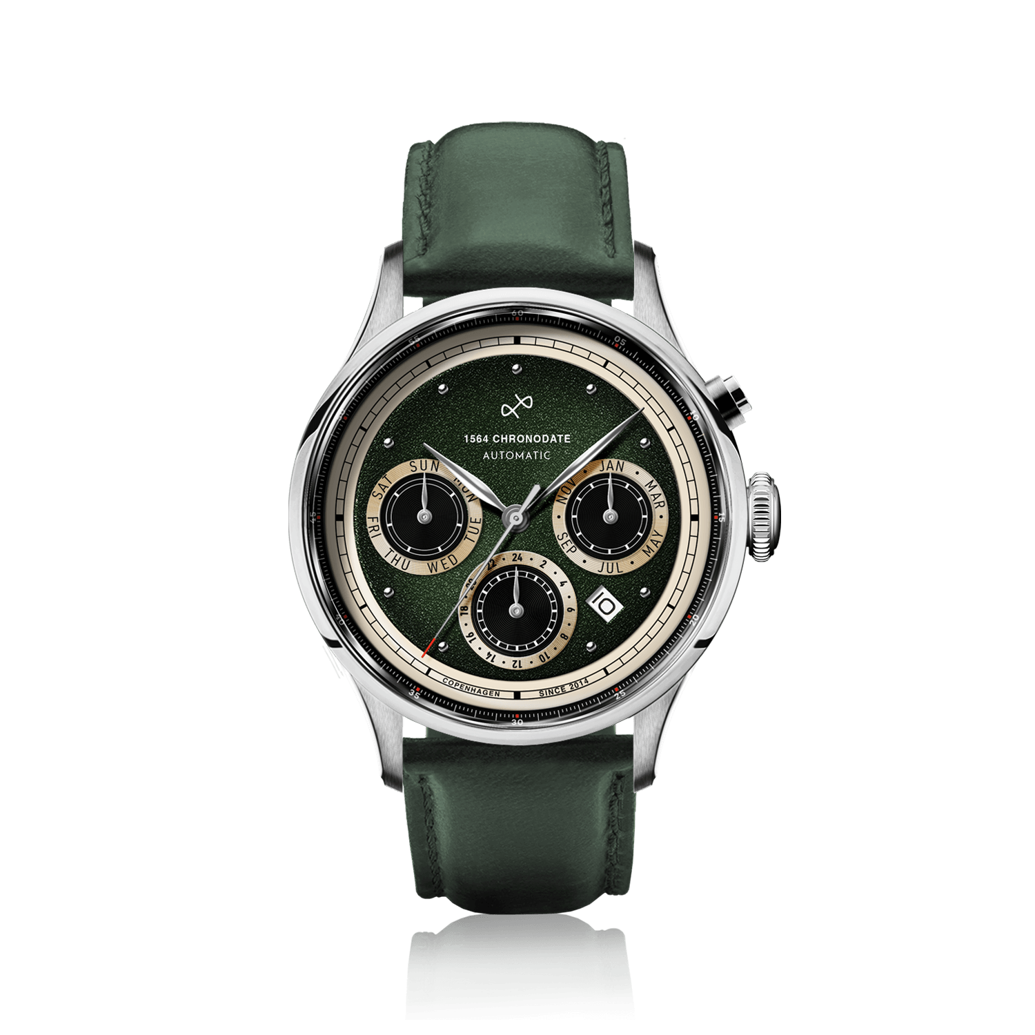1564 Chronodate Automatic by AV86 vintage-inspired chronograph with sapphire crystal, multifunction subdials, and green leather strap