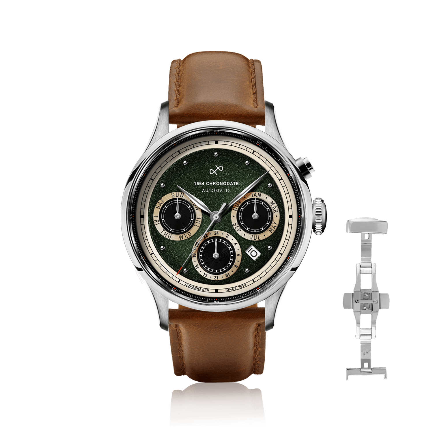 1564 Chronodate Automatic by AV86 vintage-inspired chronograph with sapphire crystal, automatic movement, and brown leather strap