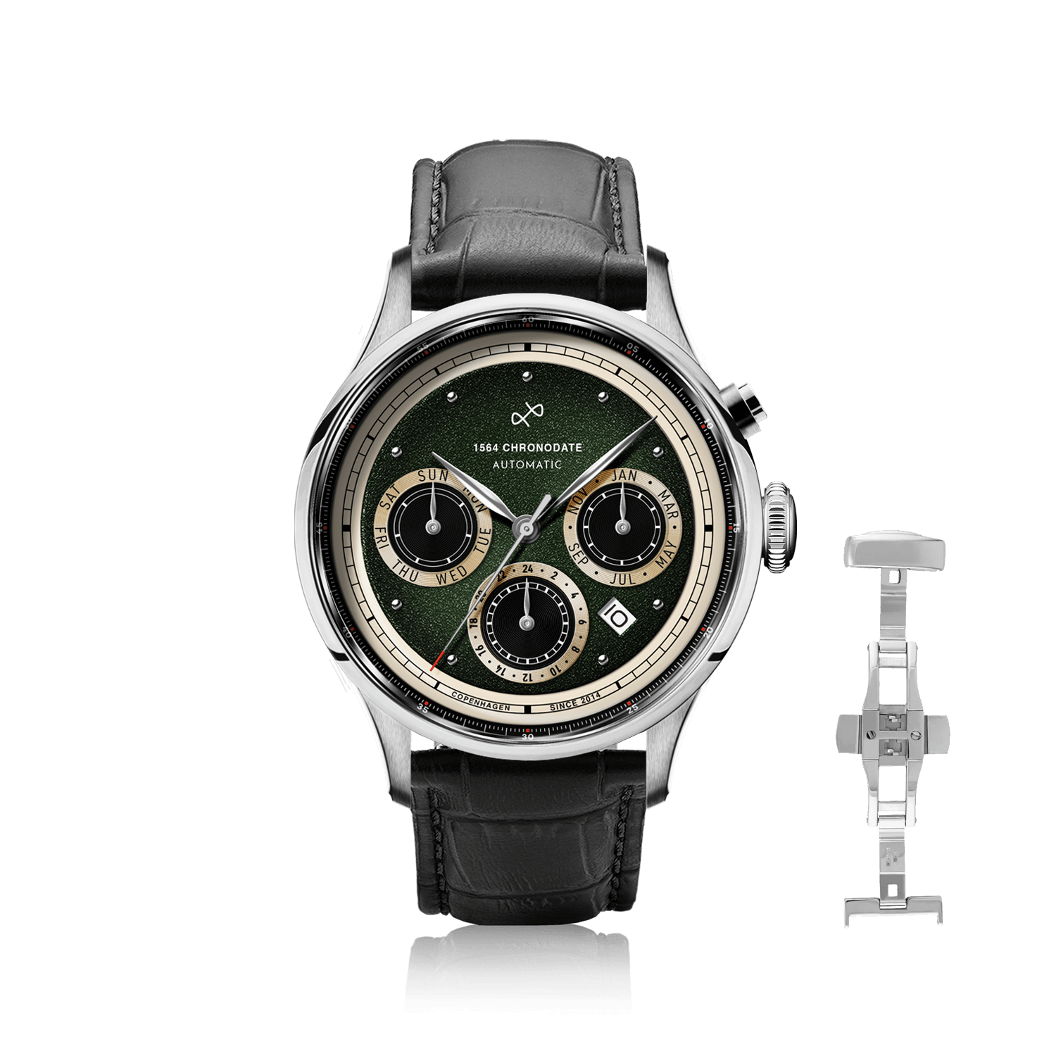 1564 Chronodate Automatic by AV86 vintage-inspired chronograph with sapphire crystal, automatic movement, and black leather strap