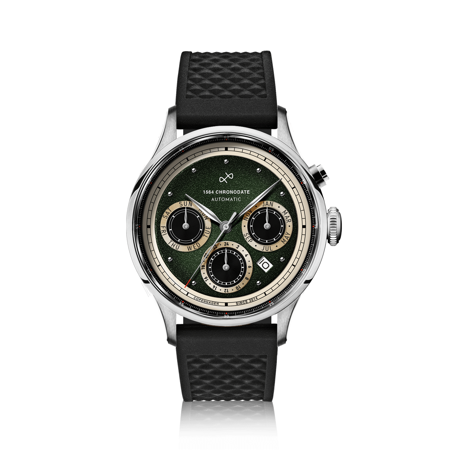 1564 Chronodate Automatic by AV86 vintage-inspired automatic chronograph with sapphire crystal and textured black rubber strap