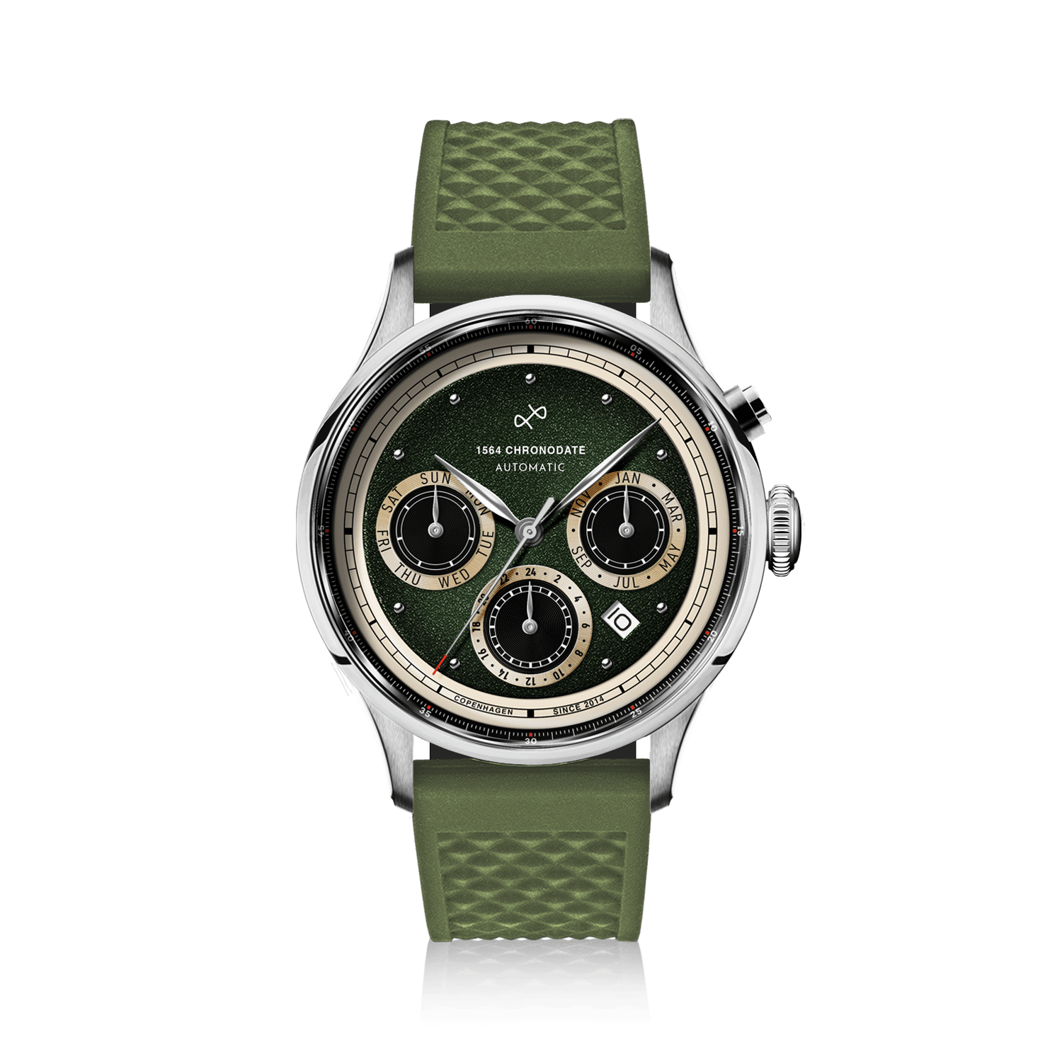 1564 Chronodate Automatic by AV86 vintage-inspired chronograph with sapphire crystal, textured green dial, and green rubber strap