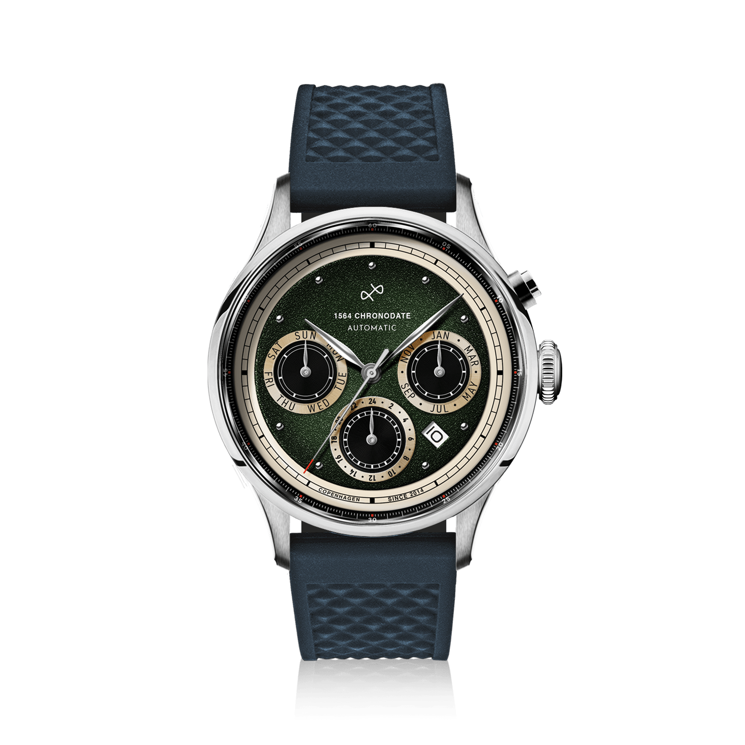1564 Chronodate Automatic by AV86 vintage-inspired automatic chronograph with sapphire crystal, dial complications, and textured rubber strap