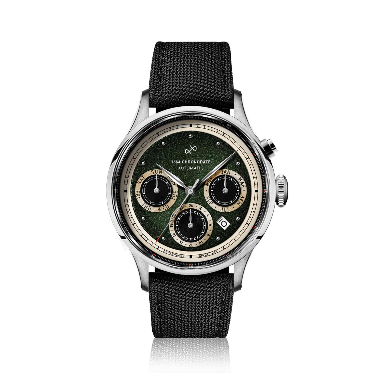 1564 Chronodate Automatic by AV86 vintage-inspired chronograph with sapphire crystal, green dial, and black textured fabric strap
