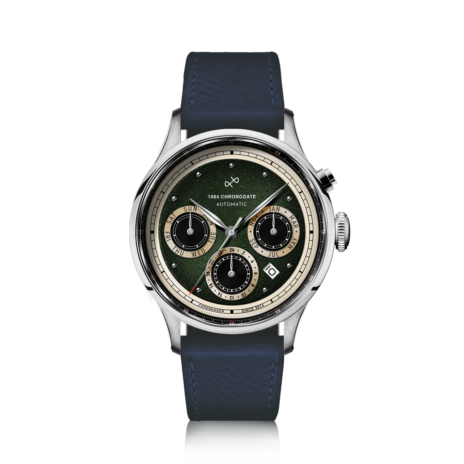 1564 Chronodate Automatic by AV86 vintage-inspired chronograph with sapphire crystal, textured dial, and dark leather strap