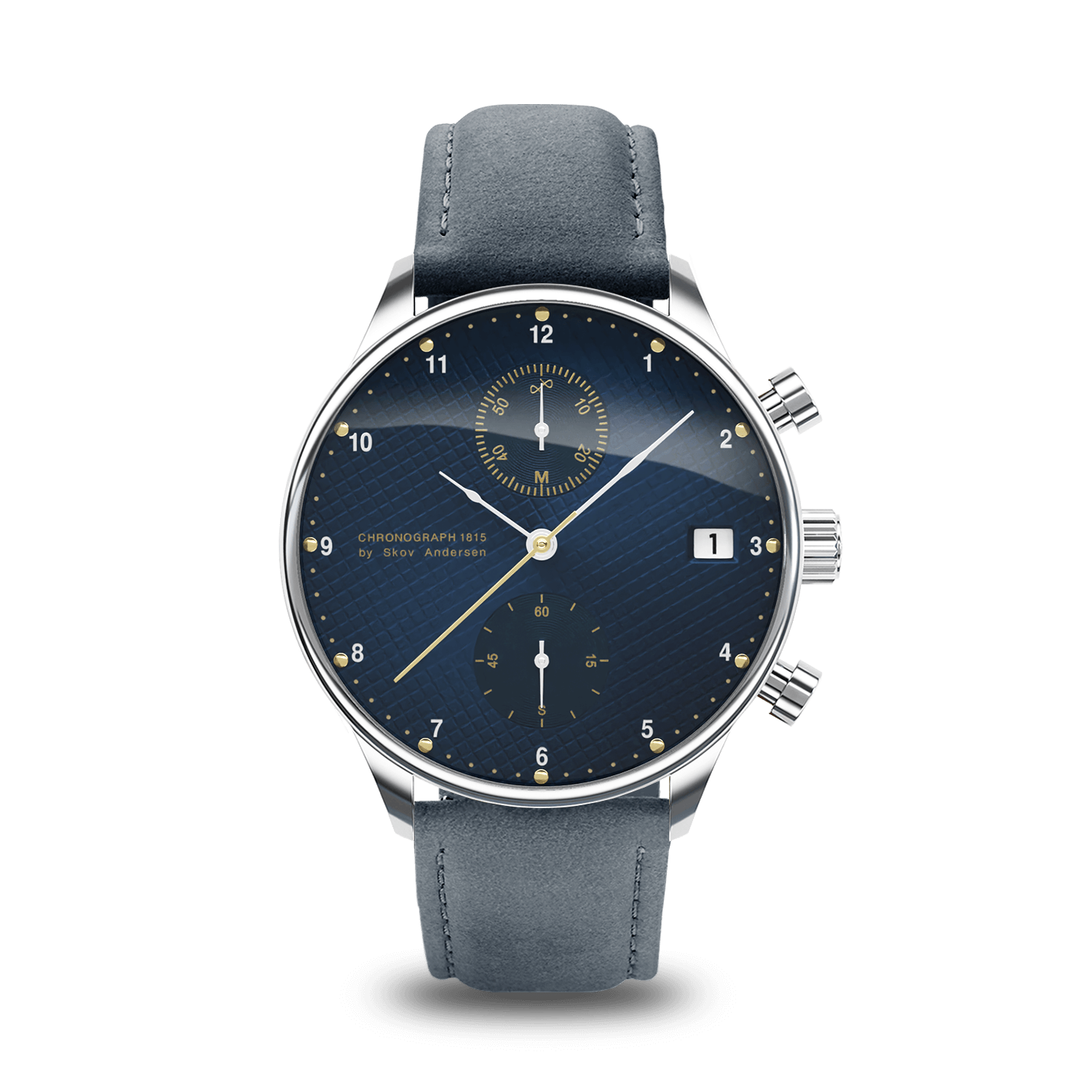 1815 Chronograph by AV86 luxury chronograph with sapphire crystal, textured dial, date window, and leather strap in minimalist Scandinavian design