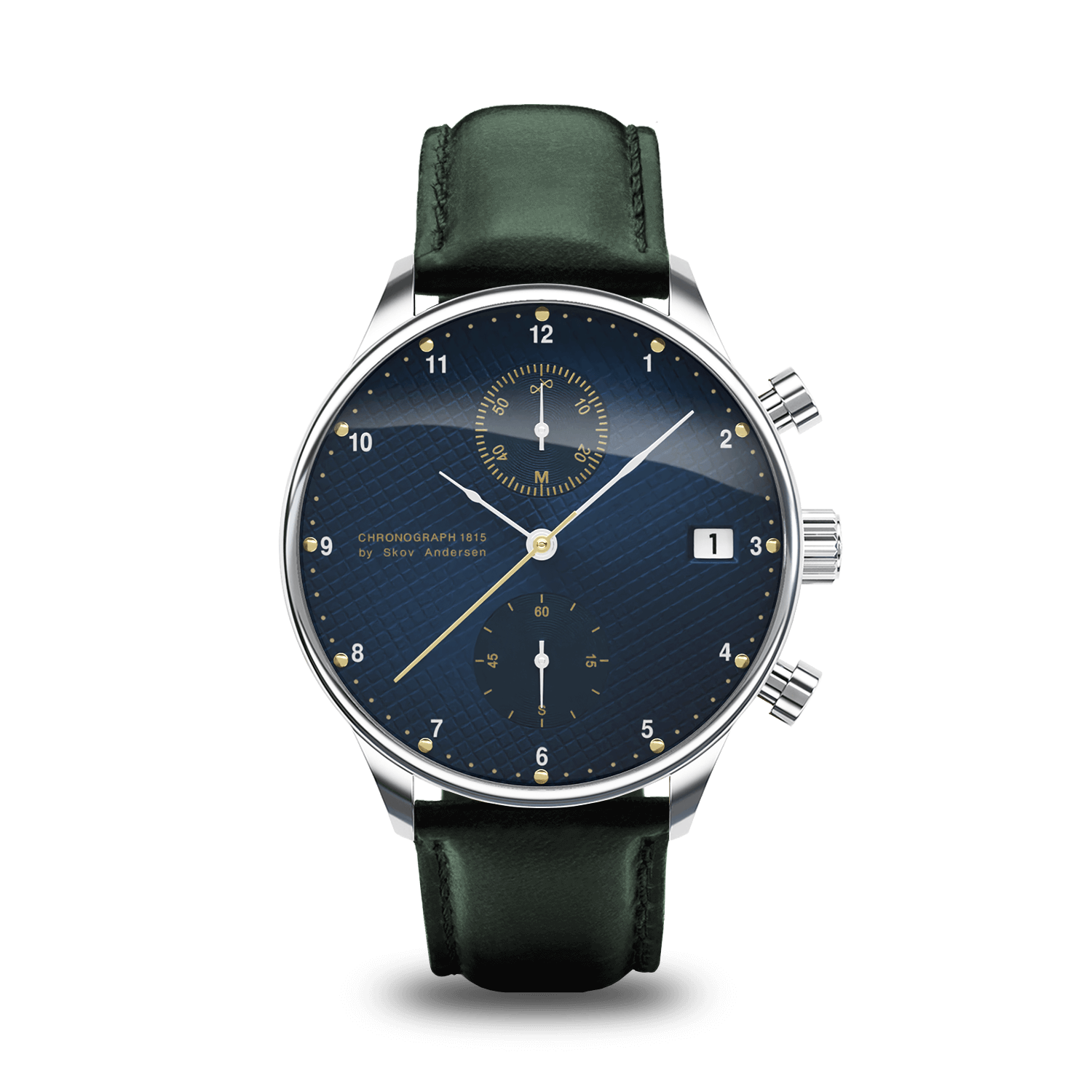 1815 Chronograph by AV86 luxury vintage-inspired chronograph with sapphire crystal, blue dial, and dark leather strap