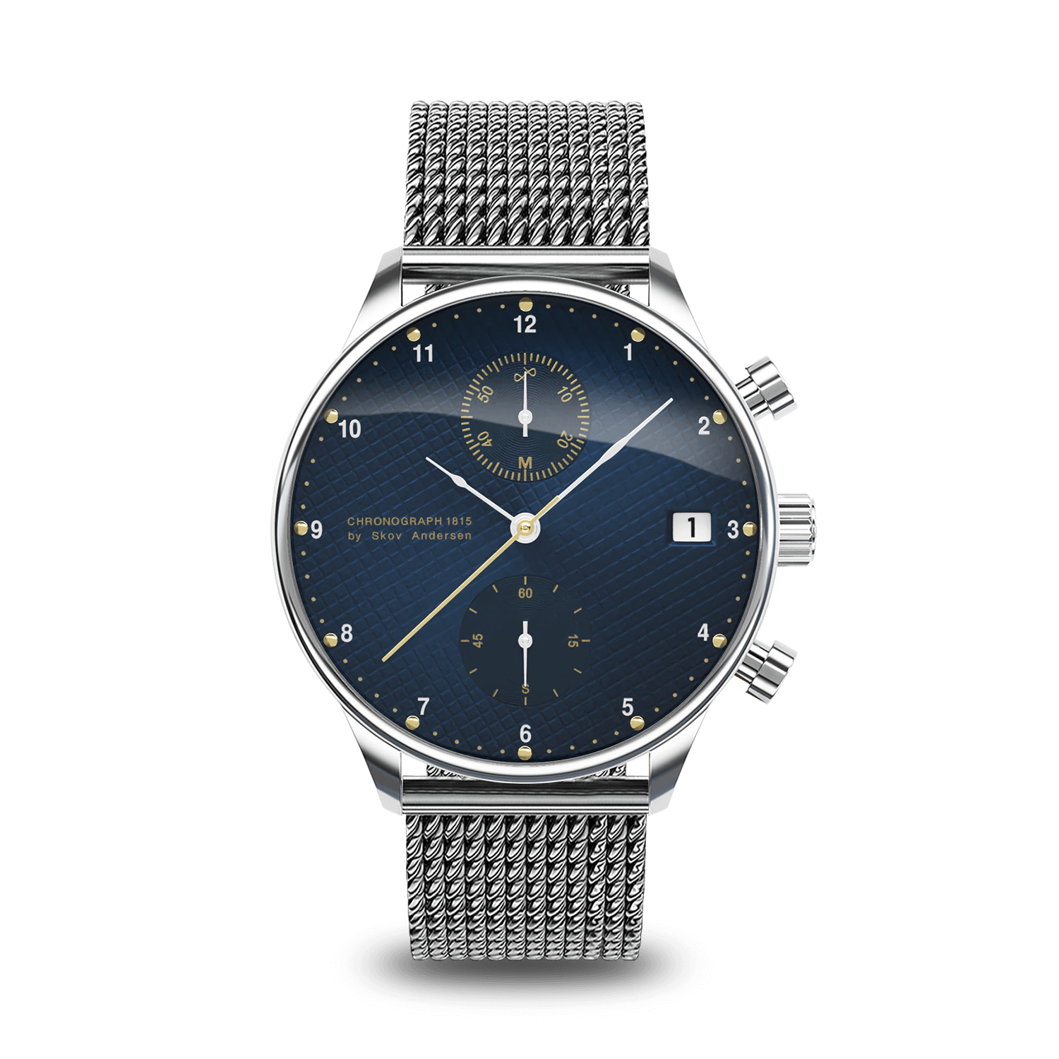 1815 Chronograph by AV86 with vintage-inspired blue dial, sapphire crystal, chronograph function, date window, and mesh metal strap